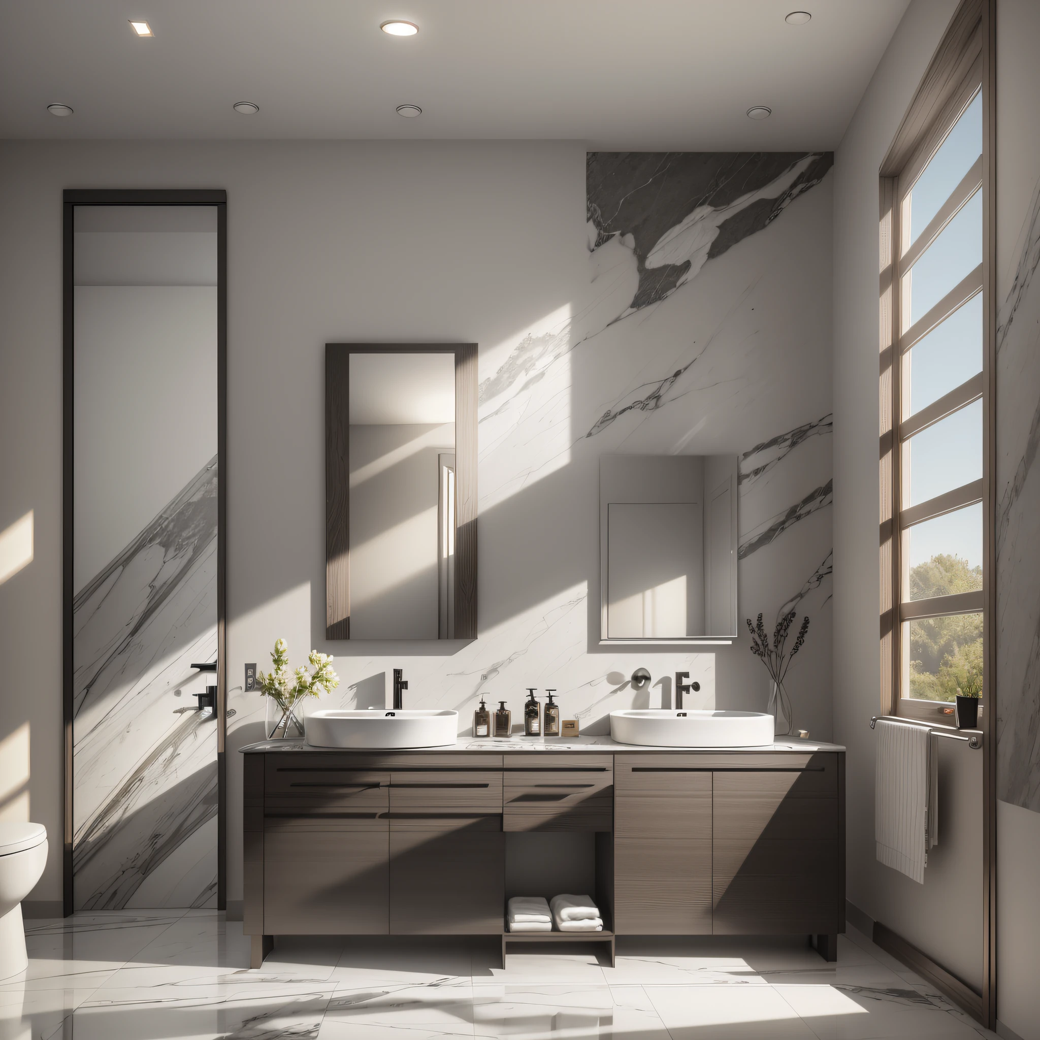 Modern bathroom with warm gray tone, natural lighting, stone flooring, exquisite furniture, glass partitions, artistic decoration, gray decoration and marble bathroom cabinets, super realistic, highly detailed, and bottom angle, Center the composition, Elevation perspective, Corona Render, high detail , high resolution, realistic --auto --s2