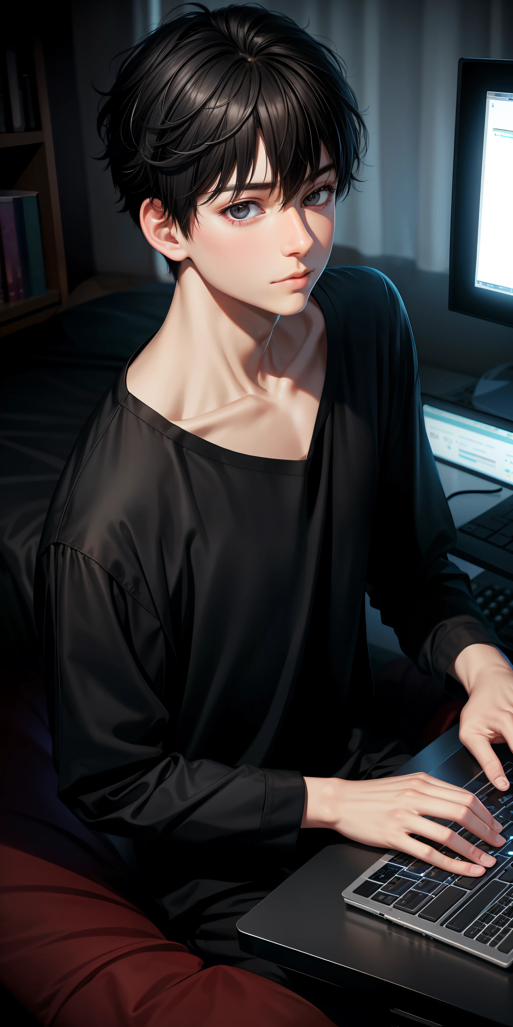 Realistic, 1boy, 20 years old, short black hair, black eyes, glowing eyes, pajamas, computer, bedroom, night, very detailed