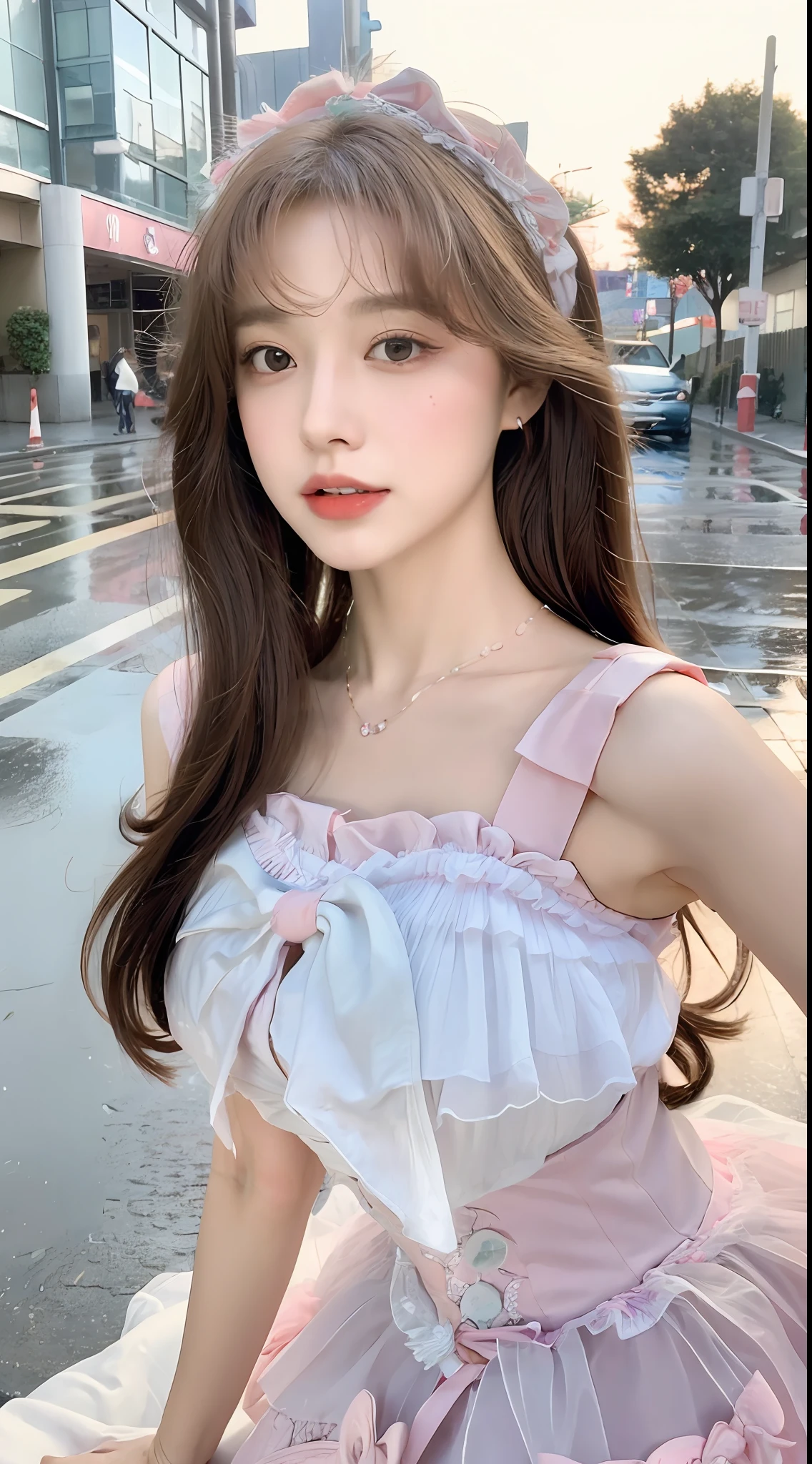 ((Best Quality, 8k, Masterpiece: 1.3)), Focus: 1.2, Perfect Body Beauty: 1.4, Buttocks: 1.2, (Layered Haircut: 1.2)), (Rain, Street:1.3), Highly detailed face and skin texture, Fine eyes, Double eyelids, Whitening skin, Long hair, (Round face: 1.5), sweet_lolita