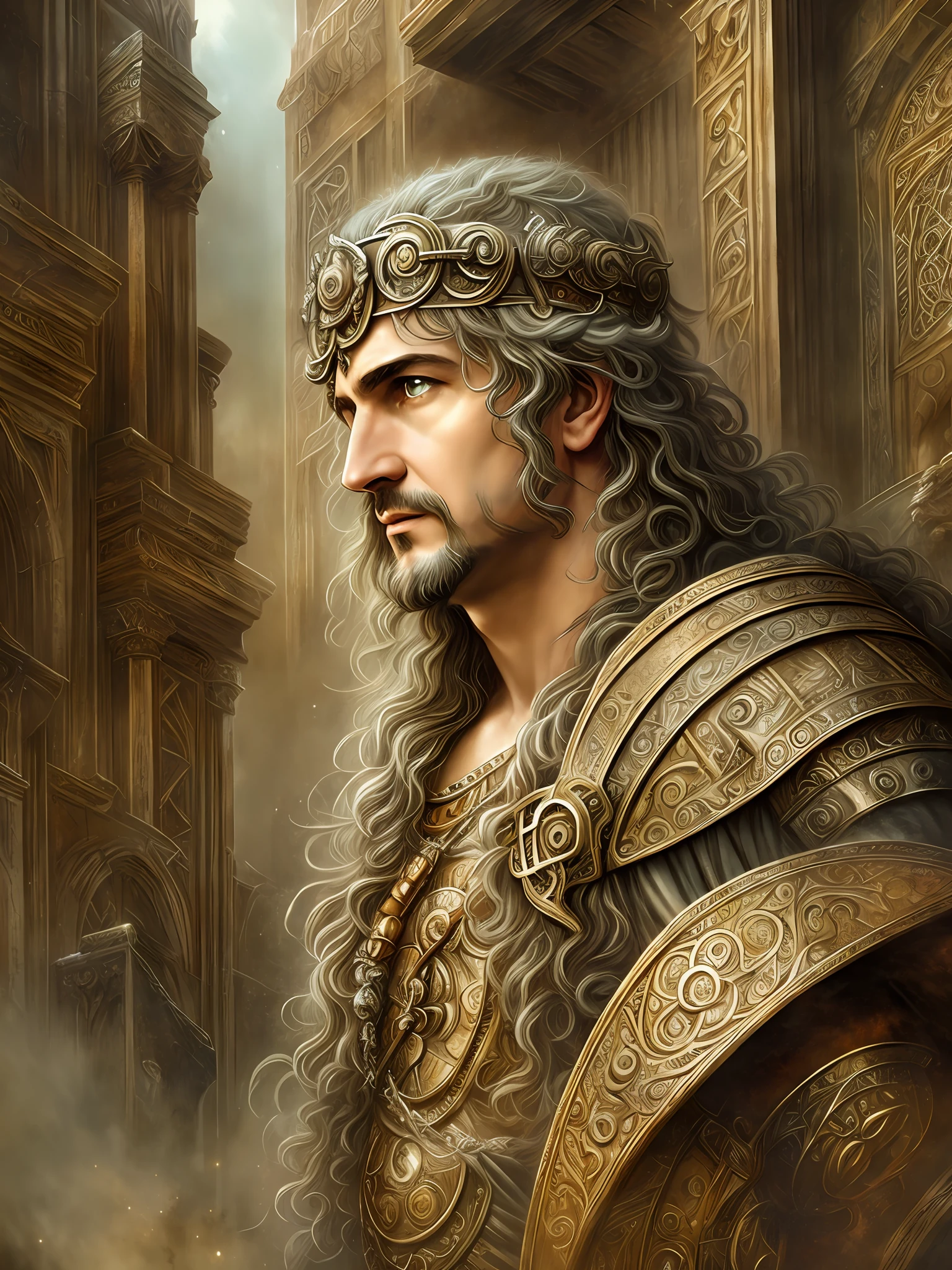 A strong and handsome Roman God, rustic colors, brian froud, luis royo, wide angle, romanesque, dreamy, ptolemaic, cinematic, digital art, hyperrealistic, unreal engine, dreamy glow, 👑, god, mythological king, constantinople --auto --s2
