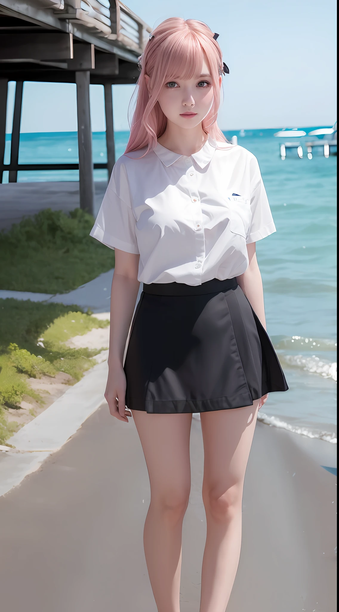 wharf, beach, masterpiece, top quality, 8k, photo, realistic, girl, 17 years old, (white shirt, black skirt), (detailed natural breasts), (full body), (sexy pose), soft lips, white skin, (pink hair), (detailed eyes: 1.3), (novafrogStyle: 1.2), depth of field, blush, shyness, (smile: 1.1), blue eyes, (random color bar), bangs 、ulzzang-6500-v1.1、HDR