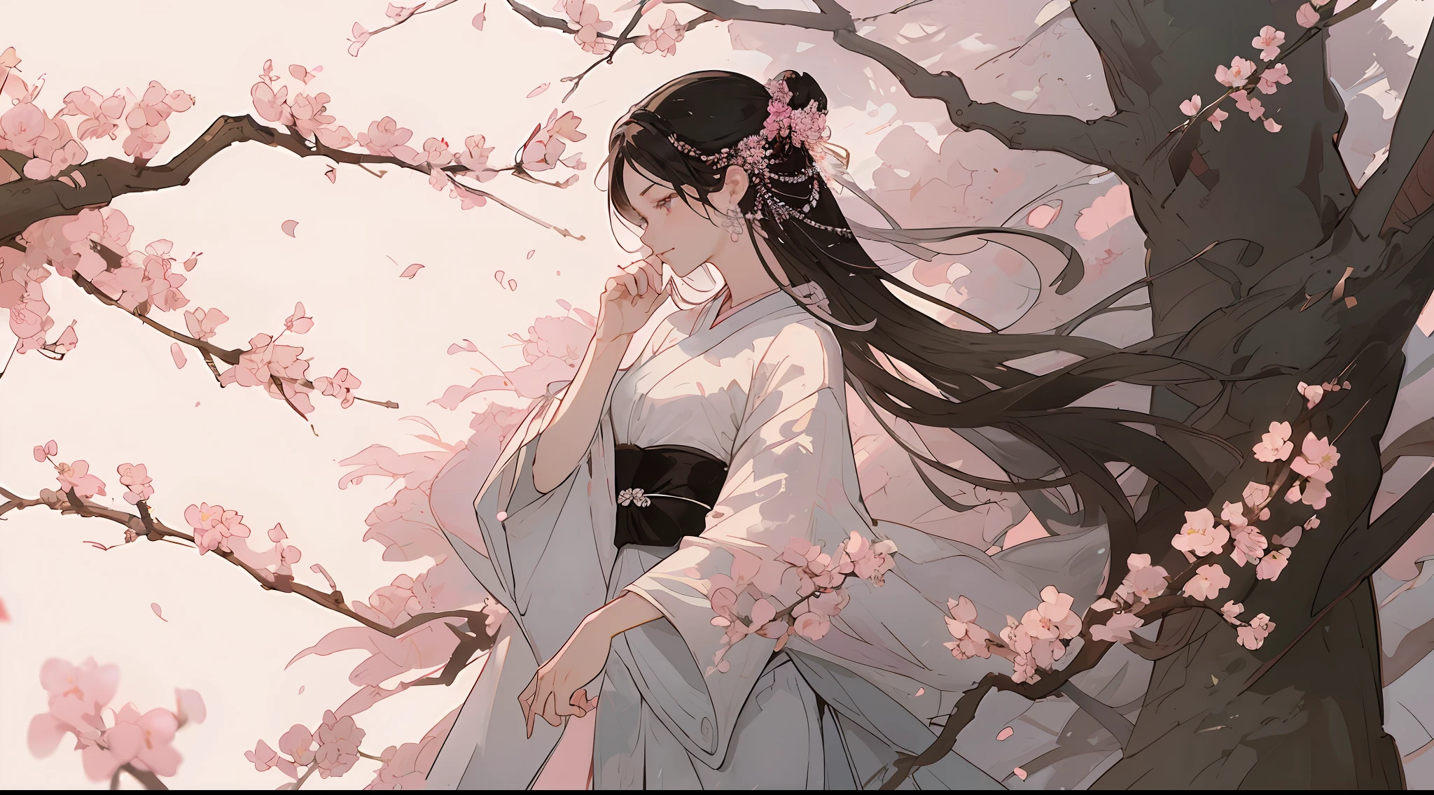 ((Masterpiece)), ((Best Quality)), 8K, High Detail, Ultra Detail, 1girl, Beautiful Landscape, Peach Blossoms in Bloom, in the Center of It stands a stunning ((Hanfu)) girl in clothes. Her dress was light pink with delicate floral patterns, her hair was combed into an intricate updo, and a few strands of hair fell down in a soft curl. Her face was calm and gentle, she held a small bouquet of peach blossoms in her hand, and her eyes stared into the distance. Her attention to detail is extraordinary, with every petal of the flower and every fold of the dress meticulously crafted to form a stunning work of art that captures the beauty and elegance of traditional Chinese culture.