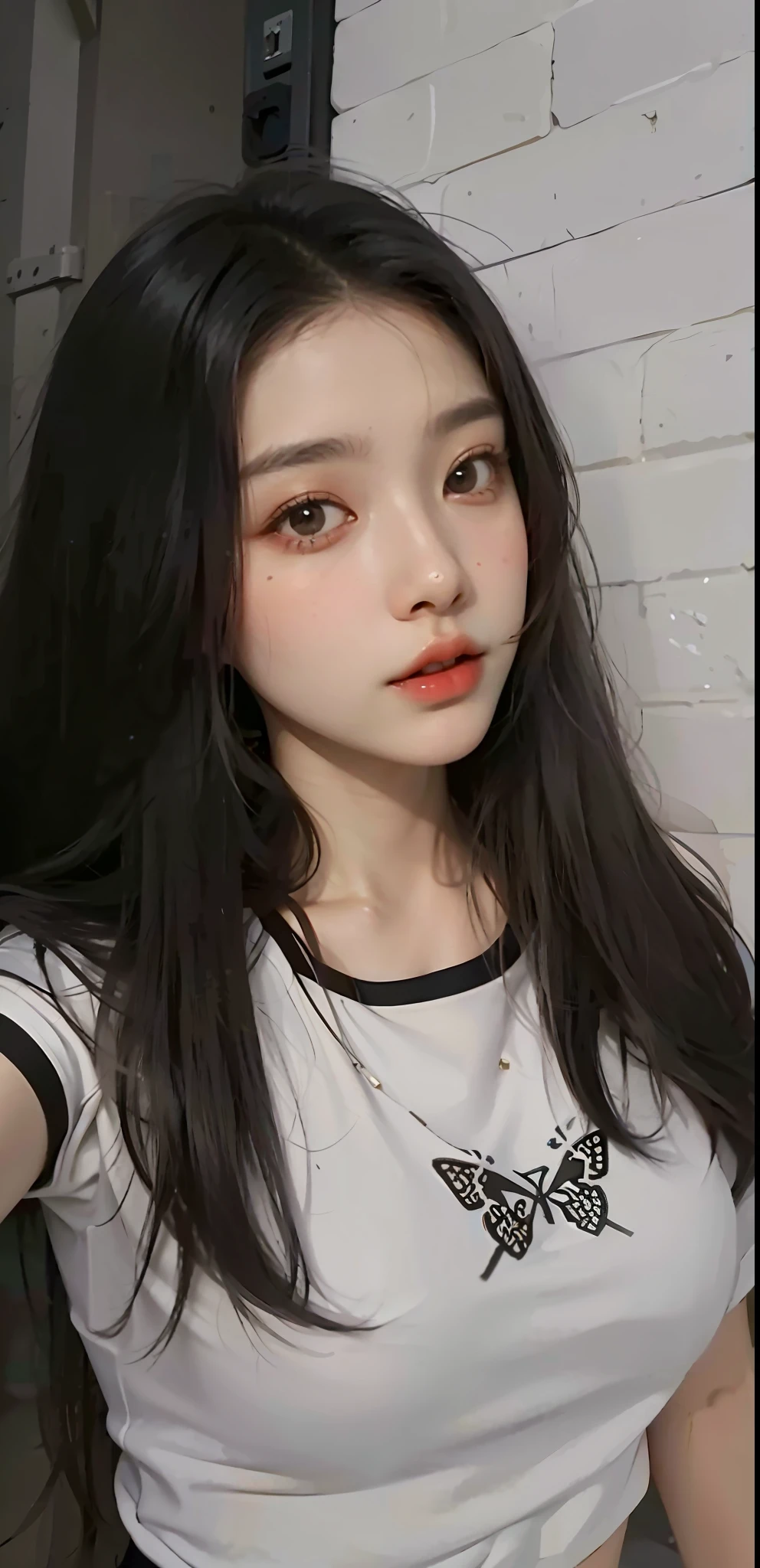 a close up of a woman with long hair wearing a white shirt, 1 8 yo, 18 years old, 19-year-old girl, xintong chen, korean girl, xision wu, heonhwa choe, 2 2 years old, 21 years old, ulzzang, wenfei ye, young cute wan asian face, lips