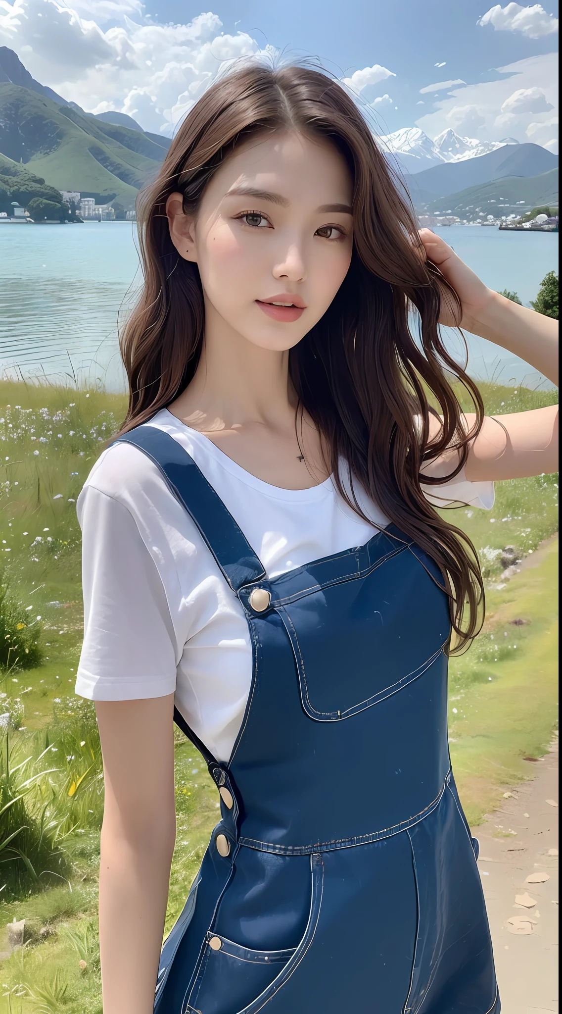 (Best quality, High resolution, Masterpiece :1.3), A tall and pretty woman with slim figure, Slender abs, (Dark brown hair styled in loose waves), Wearing pinafore, Outdoor, Lake and mountains in distant background, Details exquisitely rendered in the face and skin texture, Detailed eyes, Double eyelid
