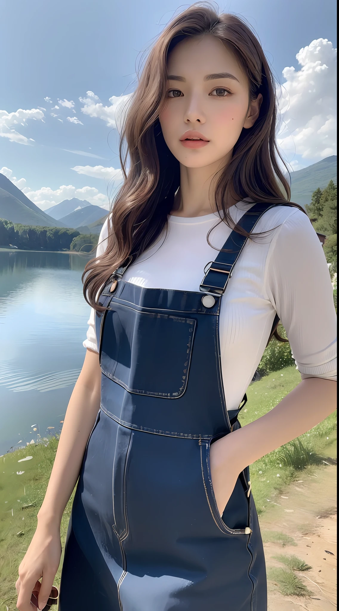 (Best quality, High resolution, Masterpiece :1.3), A tall and pretty woman with slim figure, Slender abs, (Dark brown hair styled in loose waves), Wearing pinafore, Outdoor, Lake and mountains in distant background, Details exquisitely rendered in the face and skin texture, Detailed eyes, Double eyelid