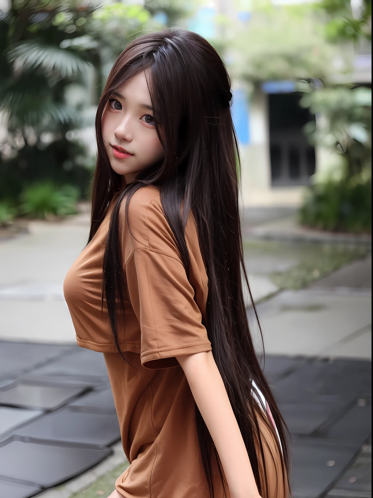 1girl, solo, brown eyes, brown hair, long hair, looking at viewer, 校服, 杰作, 上半身