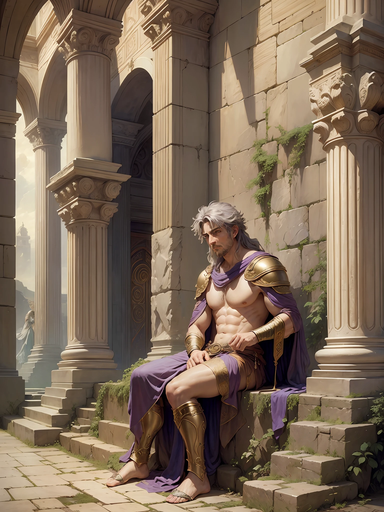 A strong and handsome Roman God, rustic colors, brian froud, luis royo, wide angle, romanesque, dreamy, ptolemaic, cinematic, digital art, hyperrealistic, unreal engine, dreamy glow, 👑, god, mythological king, constantinople --auto --s2