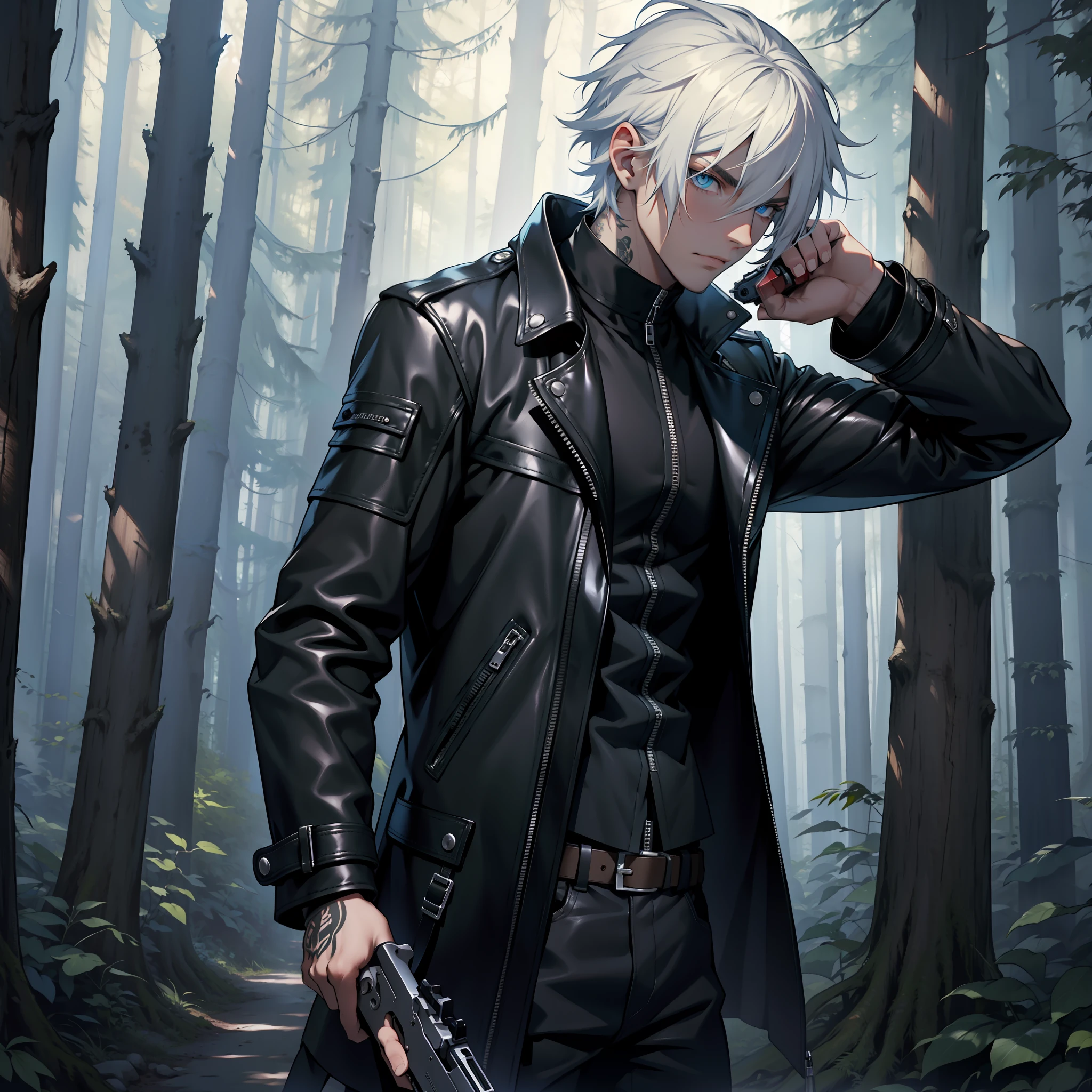 White emo hair, masterpiece, best quality, hd, Leon, blue eyes, leather coat, holding a gun, in a forest