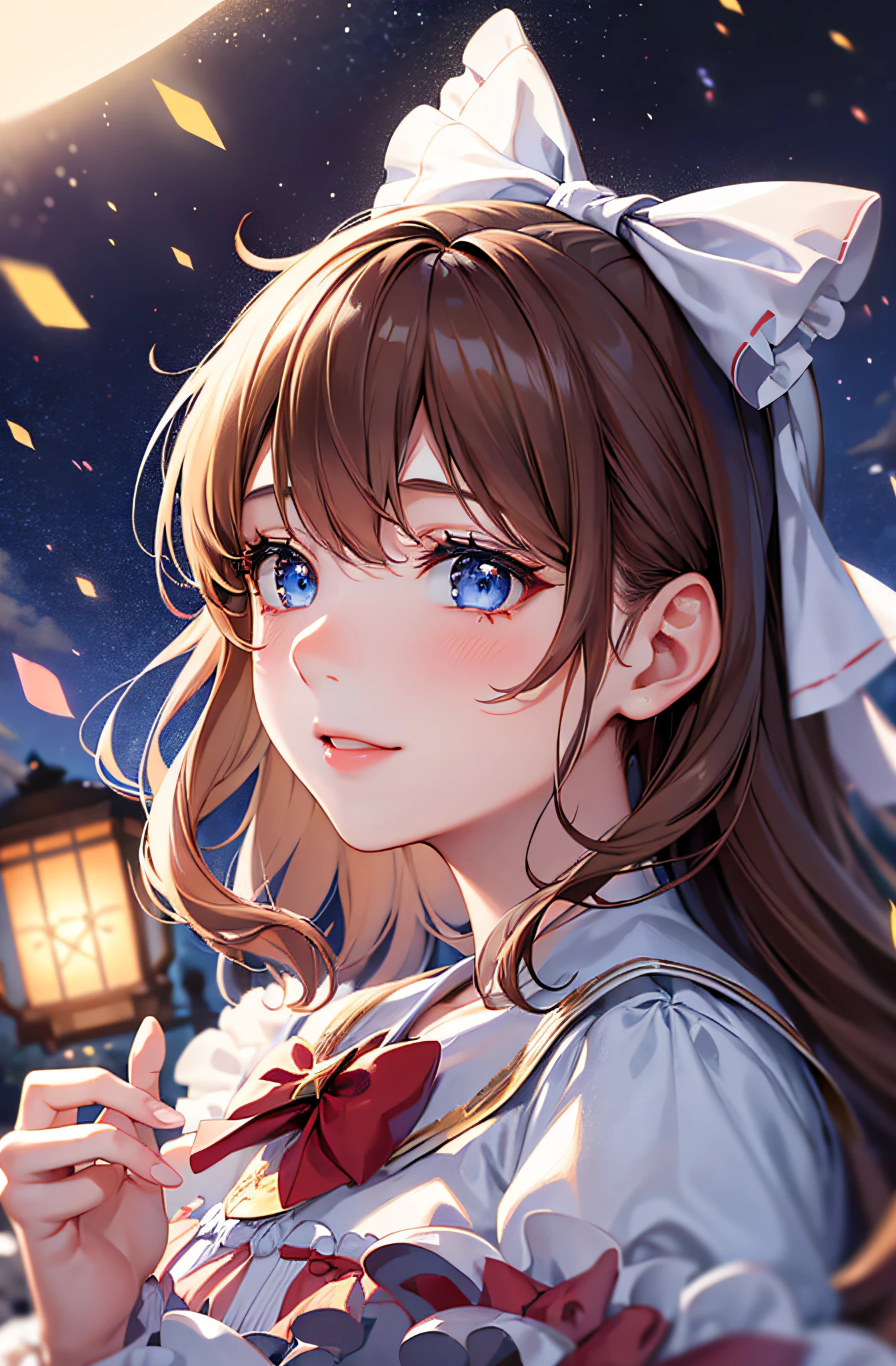 (extremely delicate and beautiful: 1.2), 1girl, bangs, blue eyes, blur, blur background, bow, brown hair, shut up, side view, hair between eyes, hair bow, lantern, light particles, long sleeves, look looking at audience, medium hair, night, red bow, solo, stars\(symbol\), upper body, smile, red lips