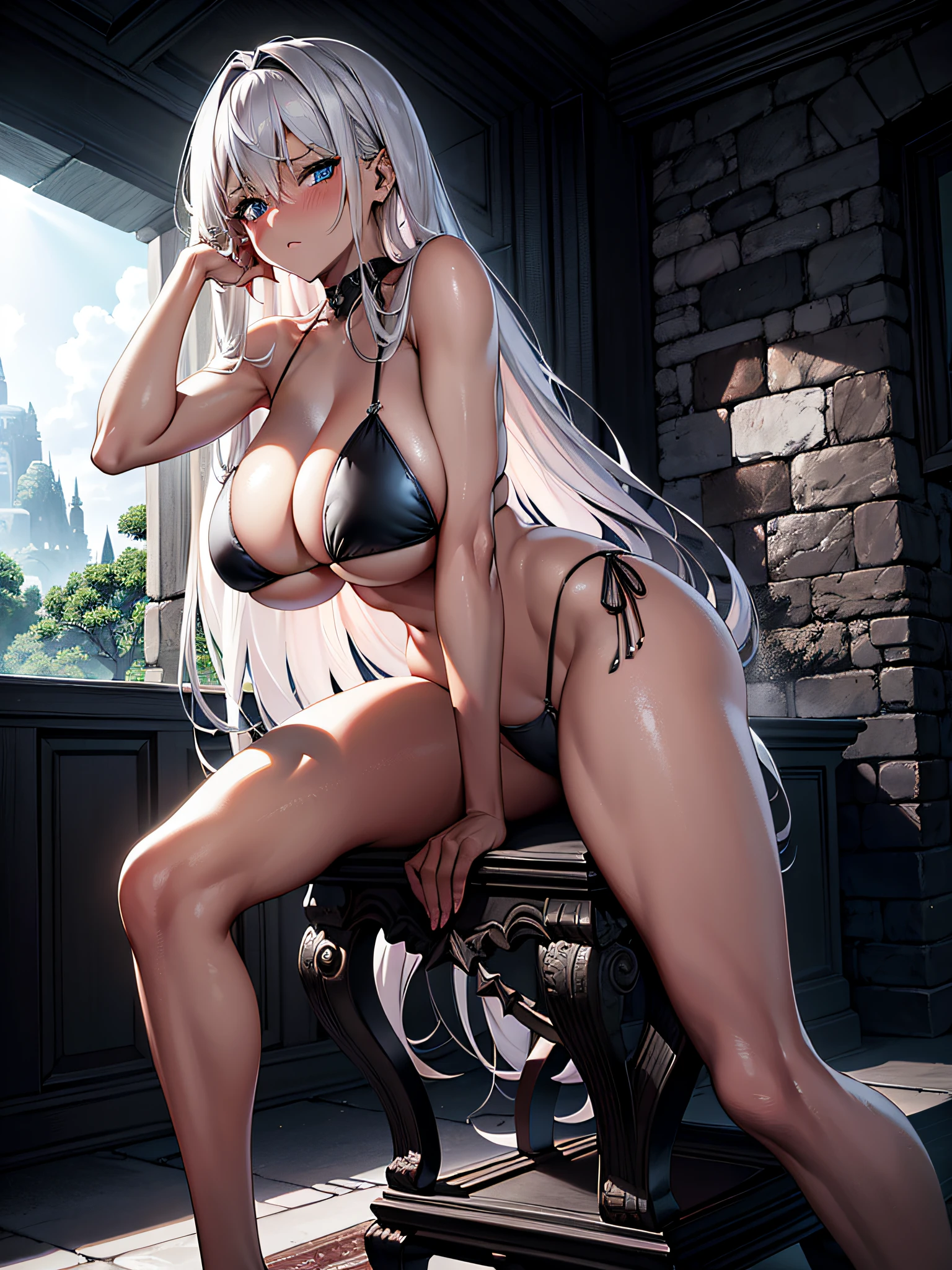 Masterpiece, best quality, photorealistic, hyper realistic, (1 Girl, Silver hair), ((extremely detailed face)) (huge ), (Black triangle bikini, Low Rise Bikini), (toned:1.1), (blue eyes) (spreadArmature, looking at viewer, (blush:1.2), perfect lighting, Dark Fantasy, dark clouds, cloudy sky, sunrise, (dark skin:1.2), (((jungle))) desolate and empty landscape in the background, forlorn expression, (dark:1.1), (gothic:1.1), dejected posture, (old ruined castle:1.2), (broken old castle), dilapidated throne, (indoors) (bed room:1.2), (dynamic angle:1.2), (dynamic pose:1.2)