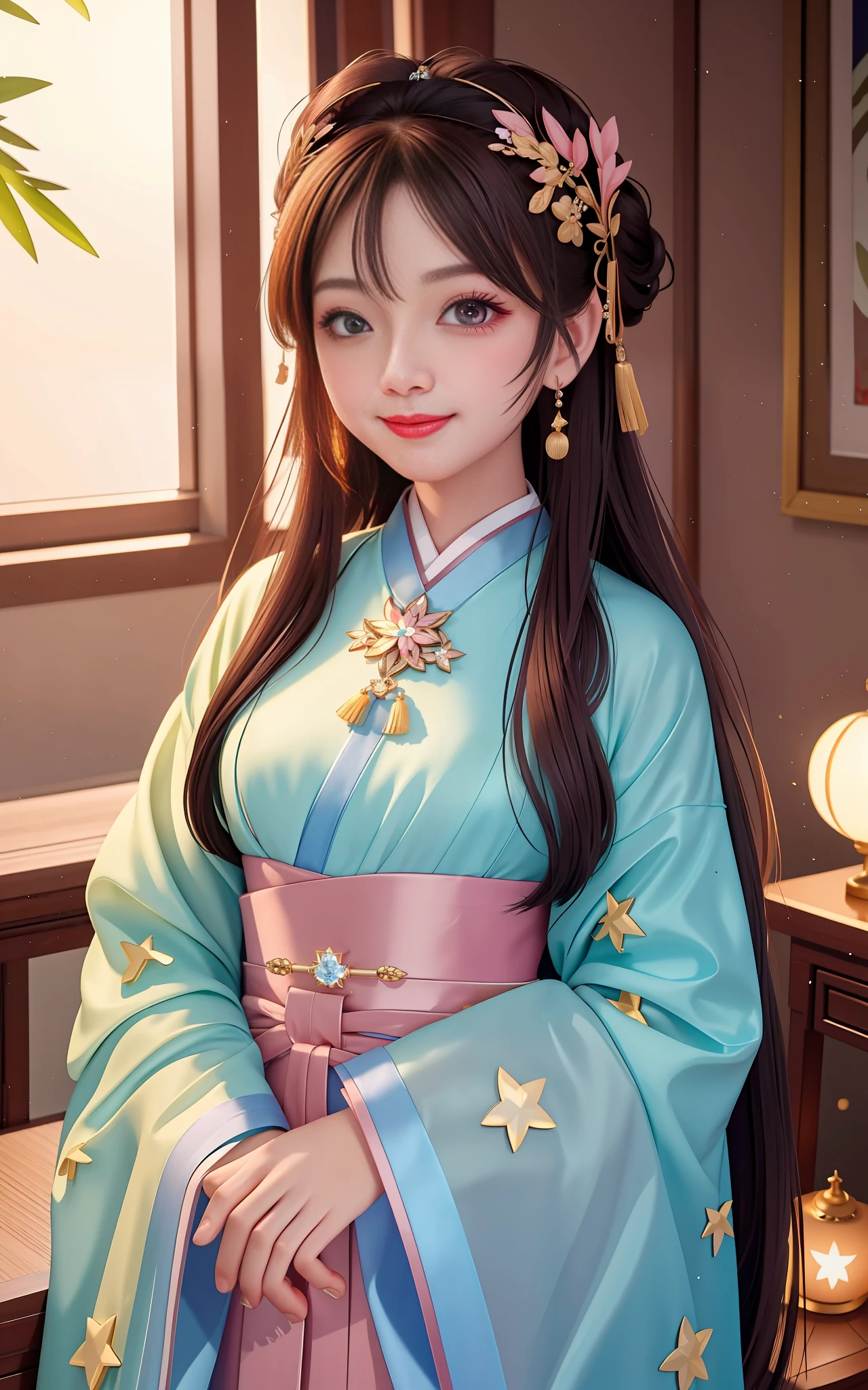 Superb Quality, Masterpiece, High Resolution, 1Girl, Blush, (Seductive Smile: 0.8), Star Eyes, Chinese Hanfu, Hair Accessories, Necklace, Jewelry, Beauty, on_body, Tyndall Effect, Realism, Shadow Room, Light Edge, Two-tone Lighting, (High Detail Skin: 1.2), 8K UHD, SLR, Soft Light, High Quality, Volume Lighting, Candid Photo, High Resolution, 4K, 8K, Background Blur, Light Tulle,