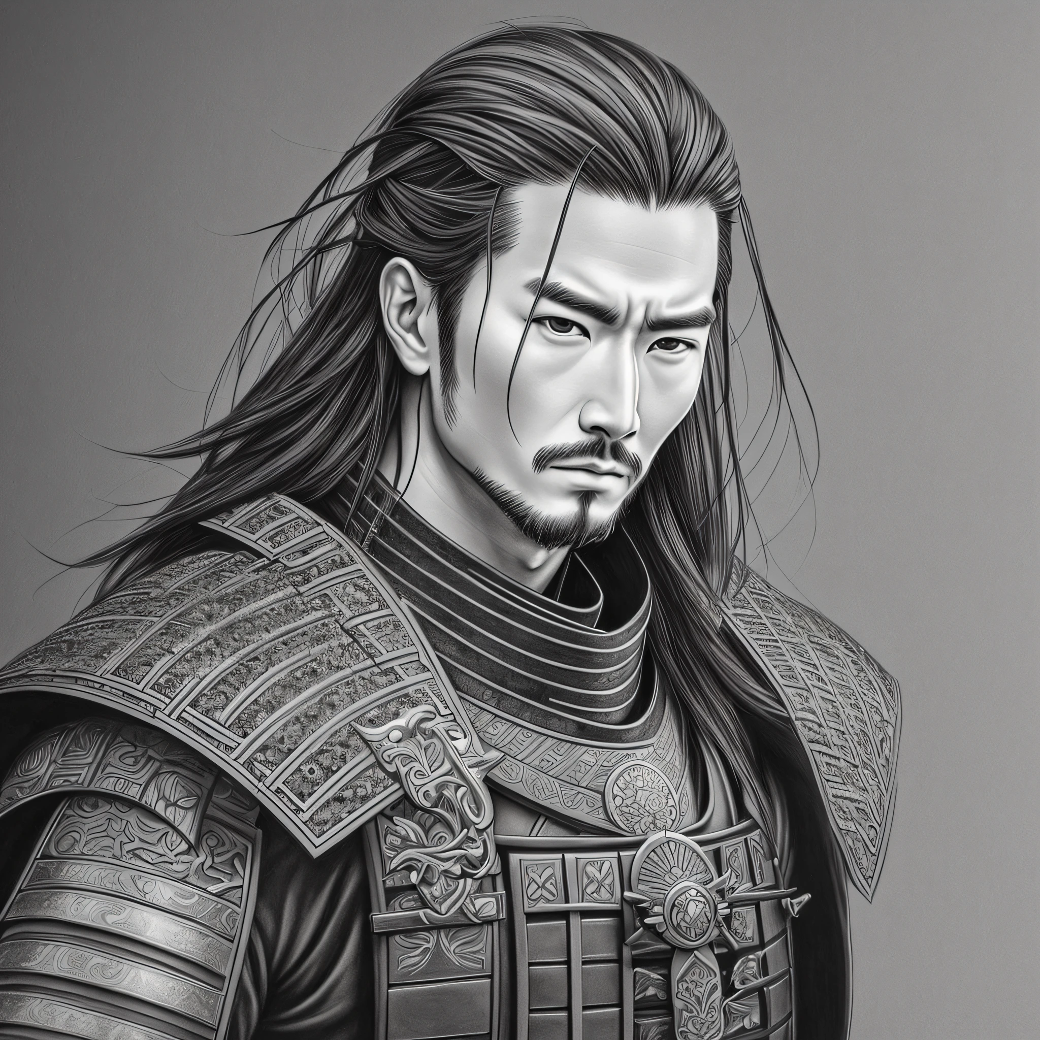 Future samurai man in realistic drawing --auto --s2
