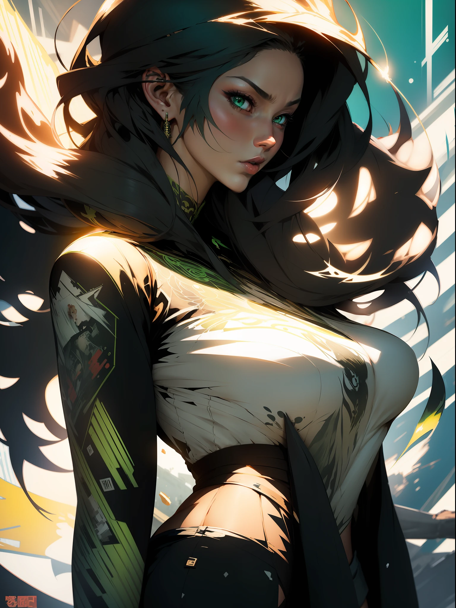 background, mixed-language_text, Japanese graffiti letters, a young warrior with long black hair cascading down her back. His eyes are green of a deep shade of amber, which shine with intensity when he is in battle. She possesses an athletic and slender appearance, with a confident and determined posture. Her skin has a light tan tone, evidencing her strength and endurance, photo, sticker art, freedom, soul, digital illustration, comic style, centered, approaching perfection, dynamic, highly detailed, watercolor painting, artstation, concept art, smooth, sharp focus, illustration, art by carne griffiths and ,alone anime, centered, approaching perfection, drawing style illustrator, anime style, body with futuristic tribal tattoo style designs in dragon shape,  serious face and ultra detailed artwork, graffiti style destroyed city scenery with camera focus, :: style JOE MADUREIRA:: BEAUTIFUL WOMAN perfect and detailed, ultra detailed style clothes with tatoon designs and colors of yellow, black, white and gray in gradient, with various full-body attack poses and with immersive effects, hover effect, background graffiti style with vibrant colors "ultra HDR" detailed,  focus effect,black all star converse sneakers (masterpiece: 1.2, best quality), (fine detailed beautiful emerald green eyes: 1.2), extremely detailed hair, depth of field,shot with Canon EOS,lens 135mm f1.8,portrait of [x]((1Girl Kelly Brook Beautiful Woman )),long, straight blonde hair,with a natural glow ((Solo)), (Ultra detailed eyes:1.4), (Finely detailed eyes and detailed face:1.3), ), (With ULTRA DETAILED jeans and a white t-shirt with ultra detailed tatoom print throughout:1.3), (Beautiful and clear background:1.2), (CG