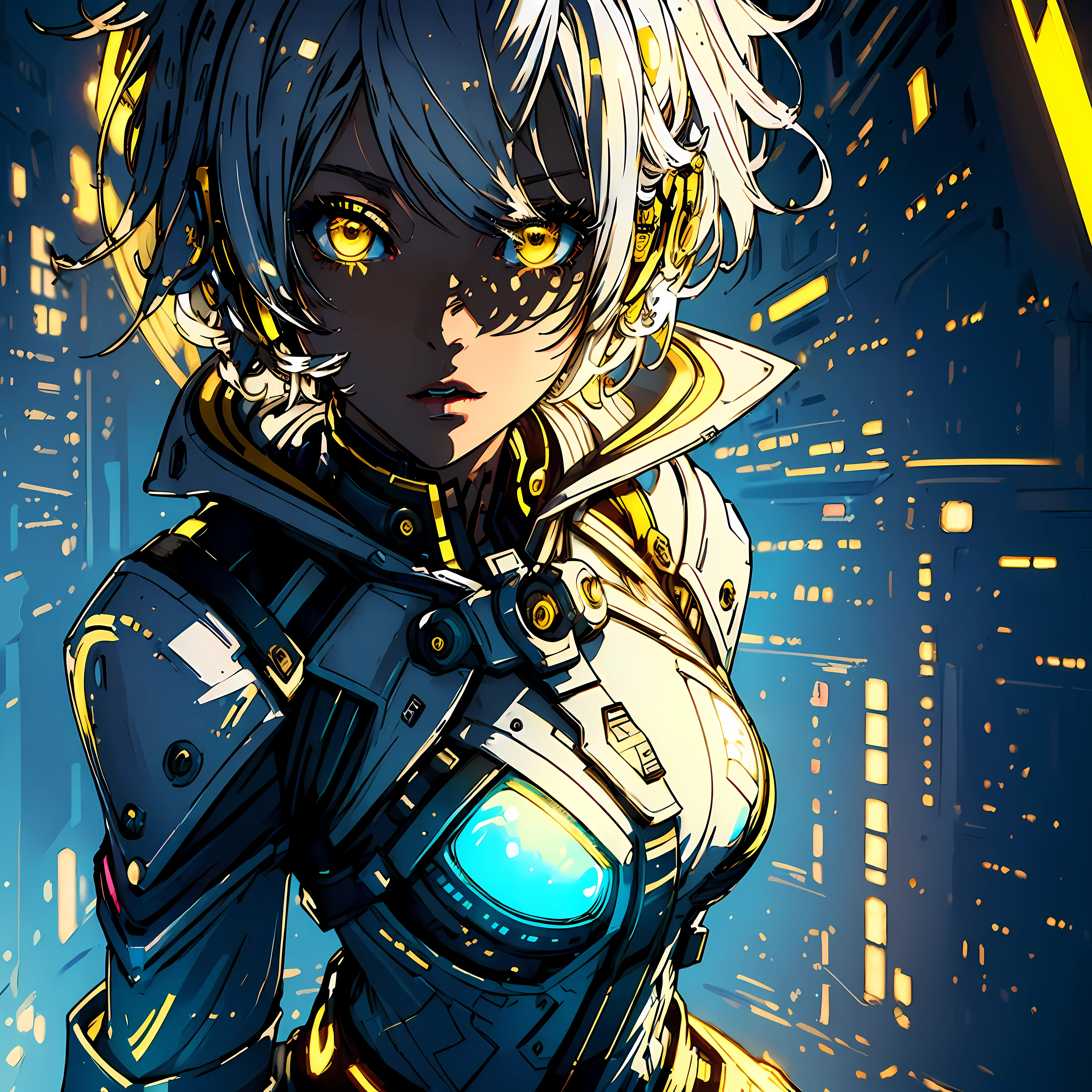 (masterpiece best quality best luminosity best illustration:1.4), (best illustrative quality:1.2), (extremely drawn and well done eyes:1.3), (1girl) short white haired, (yellow eyes:1.2), wearing technological cyberpunk clothes, soft Paramount studio cinematic lighting, (futuristic city background, technological:0.3)0.4]