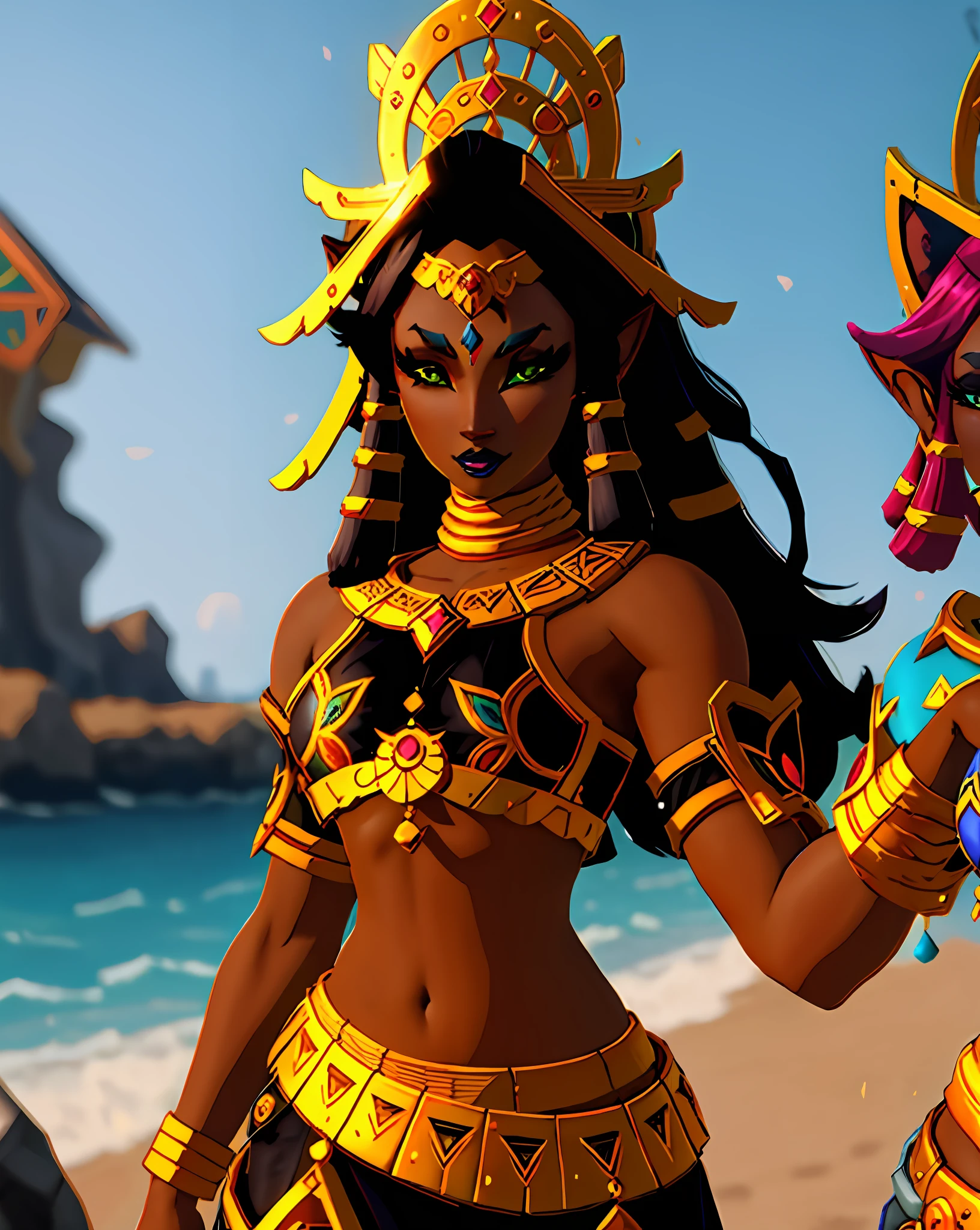 Solo, 1girl,  close up of a woman in a black and gold outfit, epic 3 d oshun, samira from league of legends, senna from league of legends, dark skin female goddess of love, the smooth black lioness, qiyana, youthful taliyah, symmetra from overwatch, ebony skin, commission for high res, akali