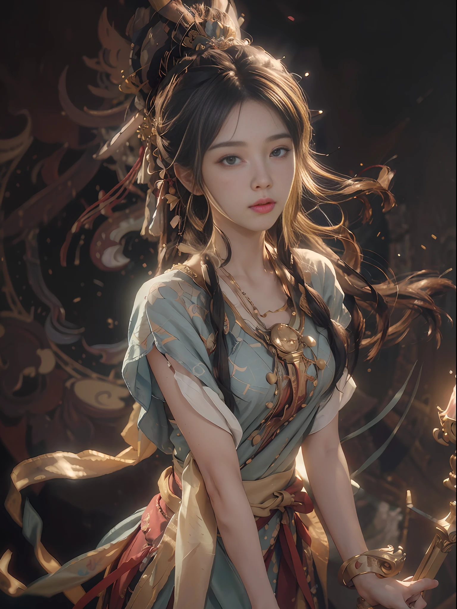 (RAW photo, best quality), (realistic, photo-realistic:1.3),best quality,highly detailed,masterpiece,ultra-detailed,illustration,1girl,upper_body,dynamic angle,world masterpiece theater,messy_long_hair,best quality,extremely detailed CG unity 8k wallpaper,ink,Amazing,cinematic lighting,lens_flare, dunhuang_style