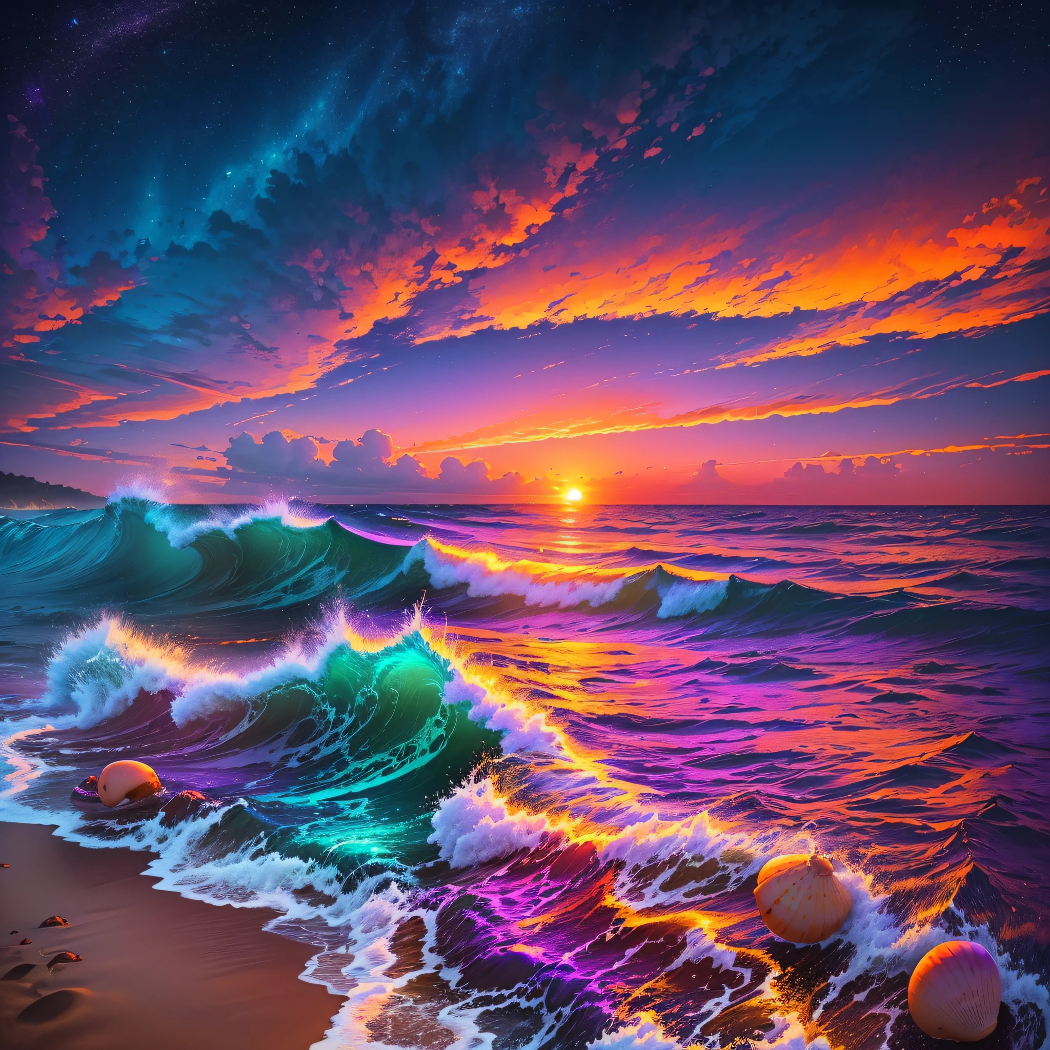 (masterpiece, best quality:1.4), cinematic light, colorful, high contrast, neon, sky, sunlight, space, beach, wave, no people, expansive landscape photography, (a view from below that shows the sky above and the sea below use a lot of purple and orange, details, warm colors and vibrant Japanese anime style, with shells in the sand, beautiful sky, colorful sunset --auto --s2