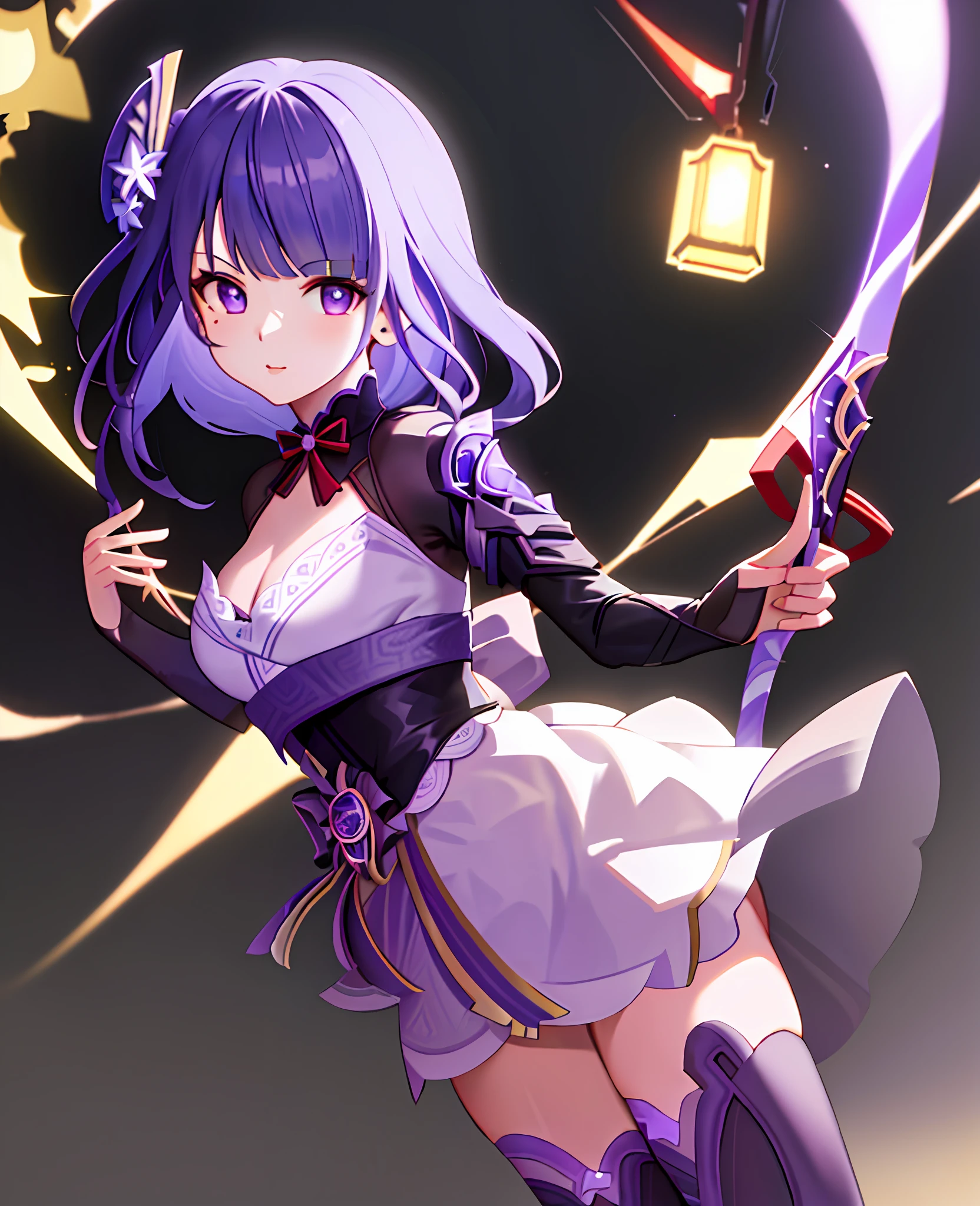 masterpiece, best quality, 1girl, solo, raiden_genshin, default_dress, wide sleeves, thighhighs, standing
