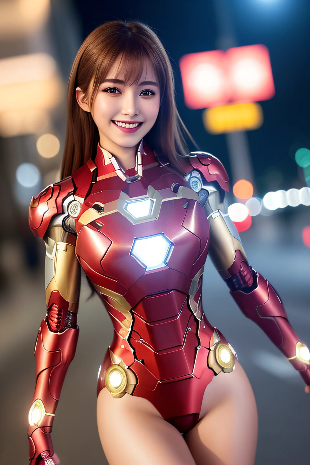 (8k, RAW photo:1.2),best quality, ultra high res, highly detailed,intricate detail,masterpiece,ultra-detailed,illustration,high res,soft light,
1 girl , (highly detailed upper body dressed as iron man),((show beautiful whole legs and side thigh)) ,medium breasts, (light brown hair:1), detailed face, cinematic,city, night, looking at viewer, muted colors, soft cinematic light, intricate detail, hyperdetail, masterpiece, hdr, sharp focus,  high quality, film grain,(smiling face:1.5)