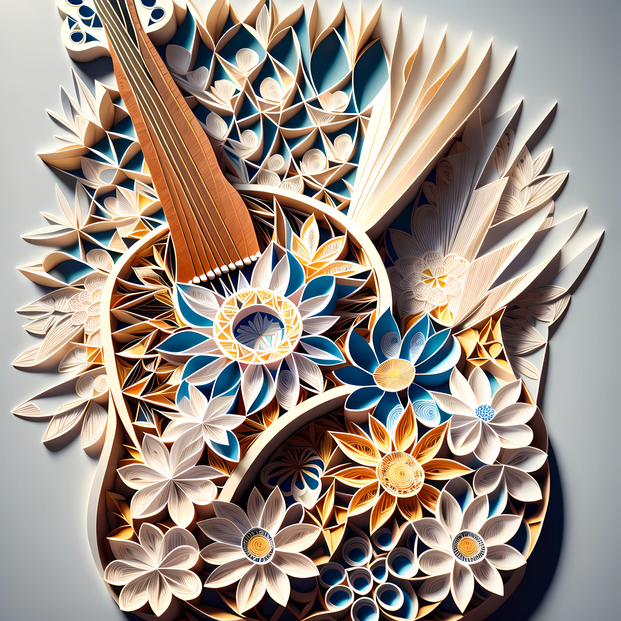 Flower a guitar, the guitar is full of flowers, the background is white, masterpiece, best quality, there is sun, sunlight, light and shadow, layered, 8k, Paper quilling style, multi-dimensional origami quilling style illustration --auto --s2