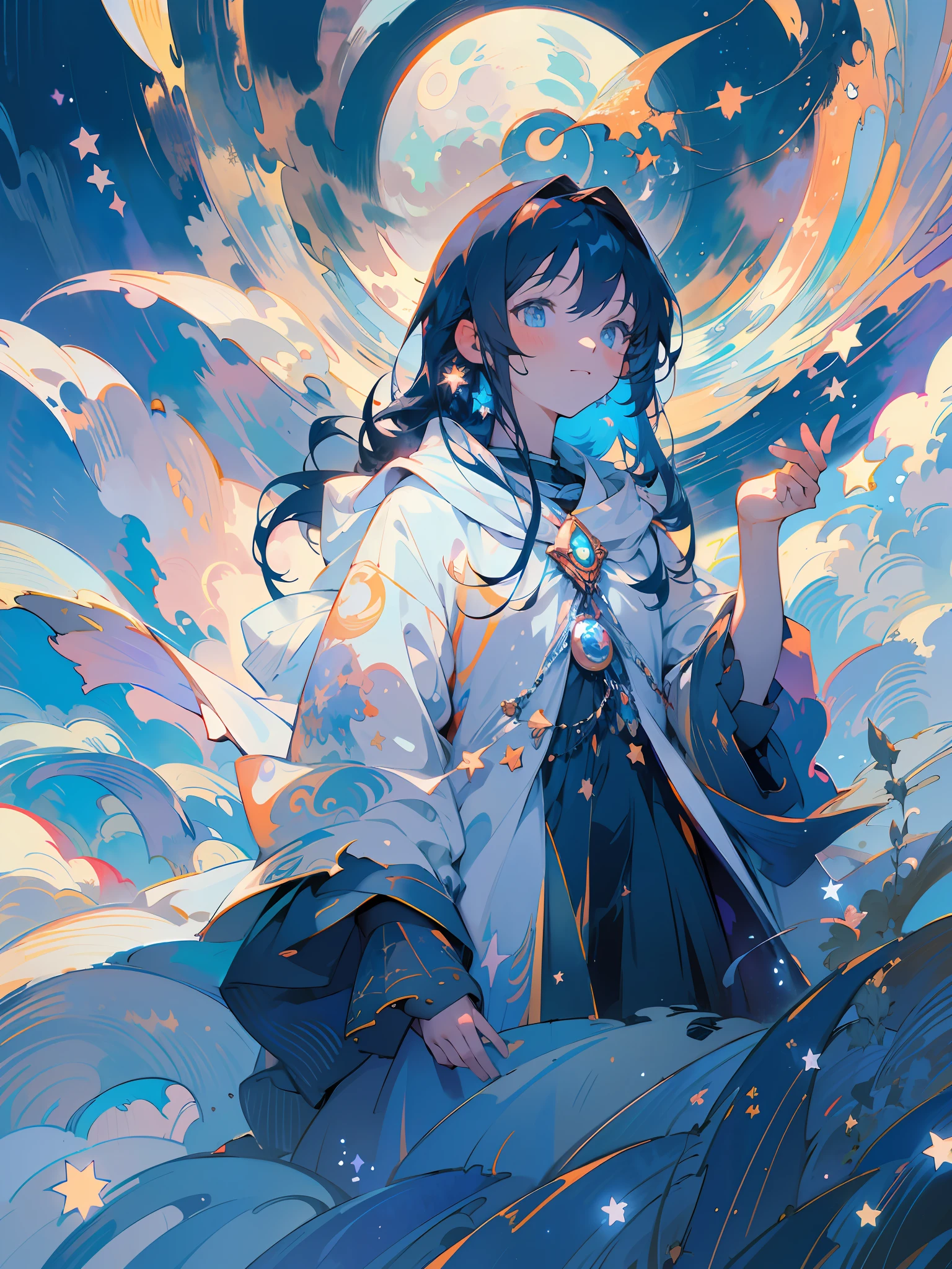 ((best quality)), ((masterpiece)), (detailed), HDR, 8K resolution, (illustration), (beautiful detailed eyes), (good hands), (Starry Night:1.4), (1girl:1.5), (watercolor:1.3), flowing dress, (long hair:1.2), (moon:1.5), (twinkling stars:1.6), (crescent moon:1.3), (night sky:1.4), (romantic:1.3), (impressionistic:1.2), (mysterious figure:1.5), (silhouette:1.3), (dreamy atmosphere:1.4), (mountain range:1.3), (surreal:1.2), (fantasy:1.3), (whimsical:1.2), [butterfly:waves:0.7], [cloud:moon:0.8]