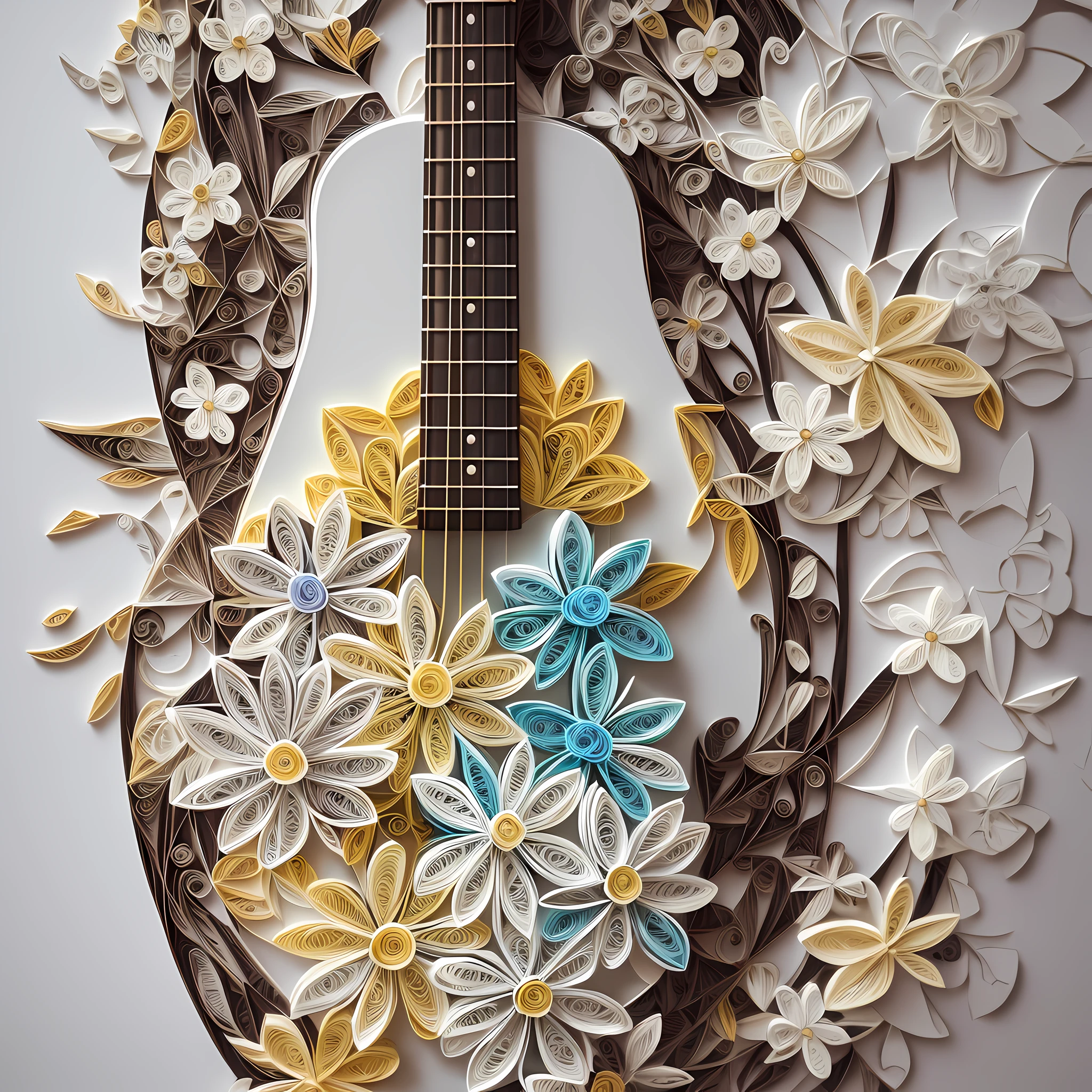 Flower a guitar, the guitar is full of flowers, the background is white, masterpiece, best quality, there is sun, sunlight, light and shadow, layered, 8k, Paper quilling style, multi-dimensional origami quilling style illustration --auto --s2
