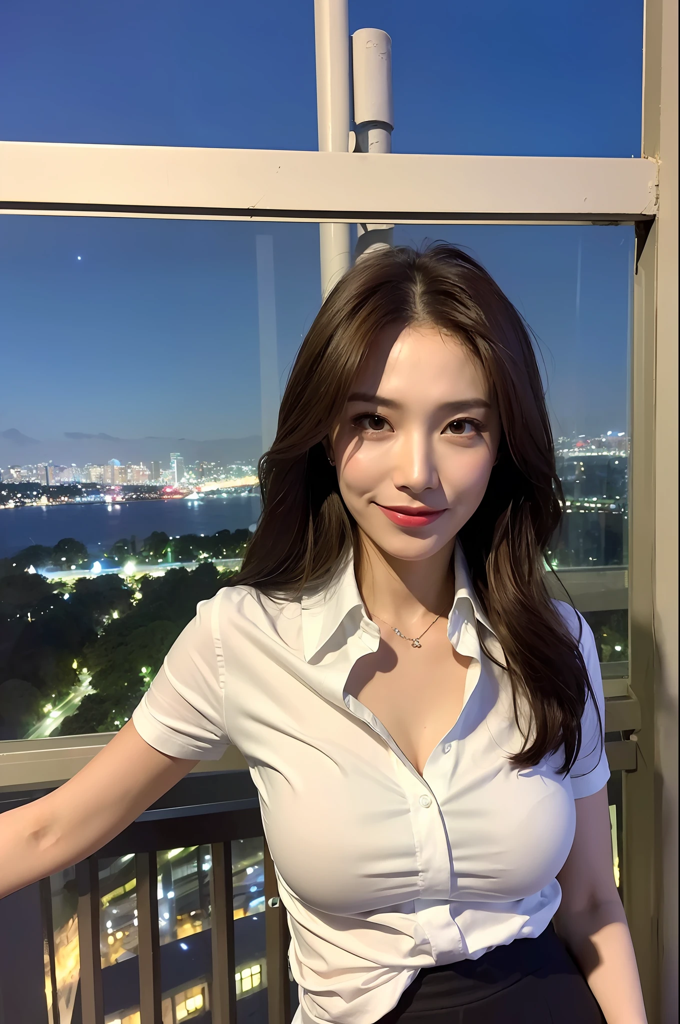 ((Best quality, 8k, Masterpiece :1.3)), Whole body, Long legs, Sharp focus :1.2, A pretty woman with perfect figure :1.4, Slender abs :1.1, ((Dark brown hair, Big breasts :1.2)), (Light fabric white shirt, Happy expression, Standing:1.2), ((Night city view, Balcony :1.3)), Highly detailed face and skin texture, Detailed eyes, Double eyelid