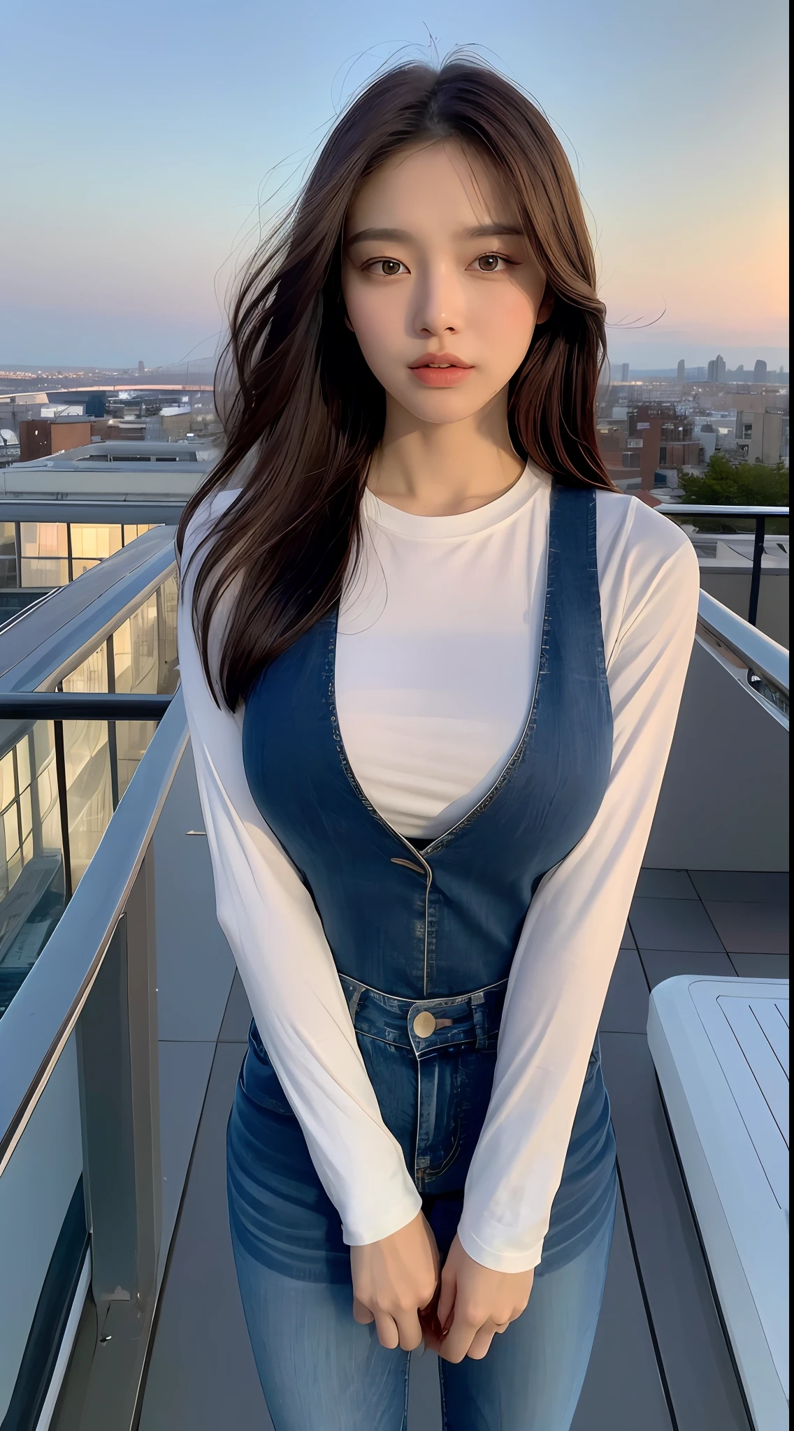 ((Midnight, Best quality, 8k, Masterpiece :1.3)), Whole body, Long legs, Sharp focus :1.2, A pretty woman with perfect figure :1.4, Slender abs :1.1, ((Dark brown hair, Big breasts :1.2)), (White tight tshirt, Jean bib, Standing:1.2), ((Night city view, Rooftop:1.3)), Highly detailed face and skin texture, Detailed eyes, Double eyelid, no clothes