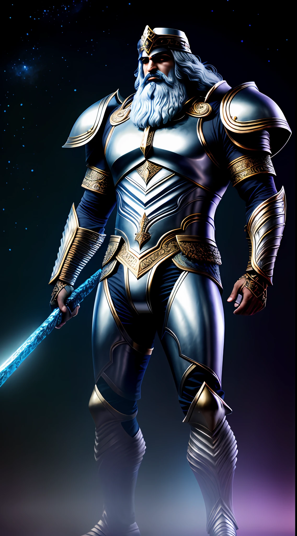 An imposing Persian fear king with full body, ancient Greek style, full body, arms and chest covered with matte silver color armor, ultra realistic photography, with blue nebula and 8k purple background, realistic texture, dynamic composition, Fujifilm XT2, 85mm F1.2, shutter speed 1/80, (bokeh), high contrast