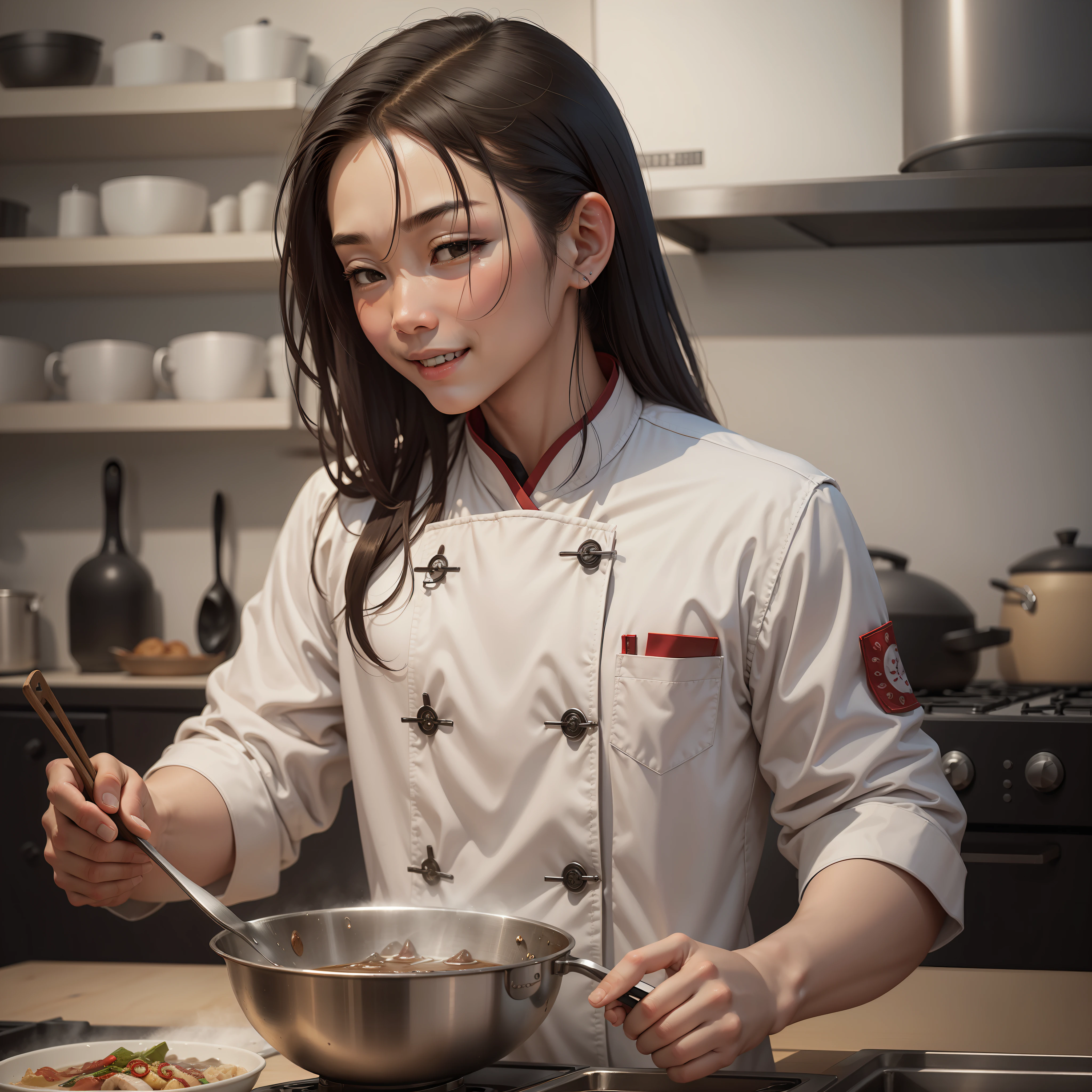 The account's profile picture should depict a mischievous young Chinese chef. The chef should have a realistic style, smile brightly, and stand next to the stove. The chef should hold a large cooking spoon and seasonings to create a delicious dish. Bring mischievous Chinese chefs to life with realistic and vivid illustrations that capture the secrets of cooking and the joy of culinary exploration.