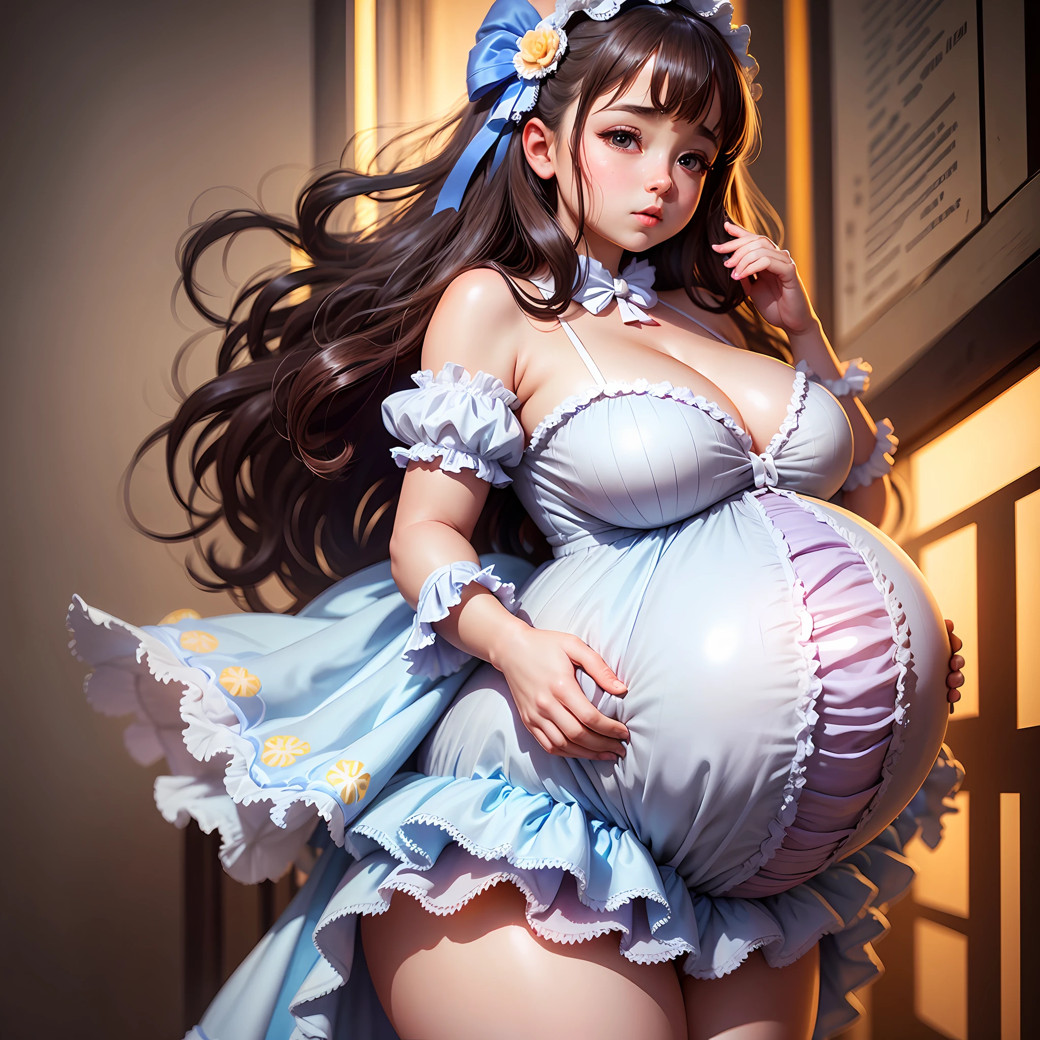 A small , (super huge size huge breasts), pregnant deuplets with very huge pregnant belly, wearing a Loliress, (realistic), 8K resolution, light and shadow effects, Tyndall effect