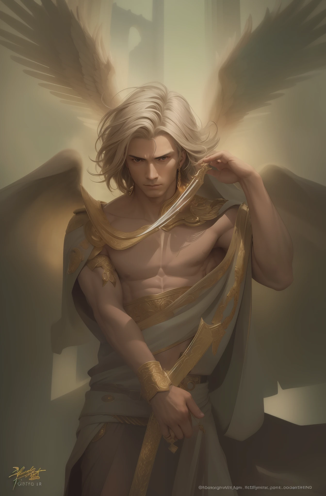 (masterpiece) create a ultra realistic Portrait of a strong and handsome male winged god. The god should have a confident and powerful expression on his face, with piercing eyes that convey his strength and wisdom. His hair should be long and flowing, and his skin should be smooth and flawless.As for clothing, the god should be adorned in regal and luxurious greek like garments, perhaps with a long flowing cape that billows behind him in the wind. He should be carrying a weapon of some sort, perhaps a sword of light or a spear of fire, to signify his strength and power. The overall mood of the image should be one of awe and reverence, with the god depicted in a majestic and god-like manner. The background of the image should be epic and grand, perhaps with clouds or mountains in the distance to further emphasize the god's divine stature. The final image should be awe-inspiring and leave the viewer in no doubt of the god's power and majesty. 3d render, octane render, cinematic, trending on artstation | Isometric | Centered hipereallistic cover photo awesome full color, , hand drawn, dark, gritty, realistic mucha, klimt, erte .12k, intricate. hight definition , cinematic,Rough sketch, mix of bold dark lines and loose lines, bold lines, on paper , full body with silky dress, humanoid, Full body