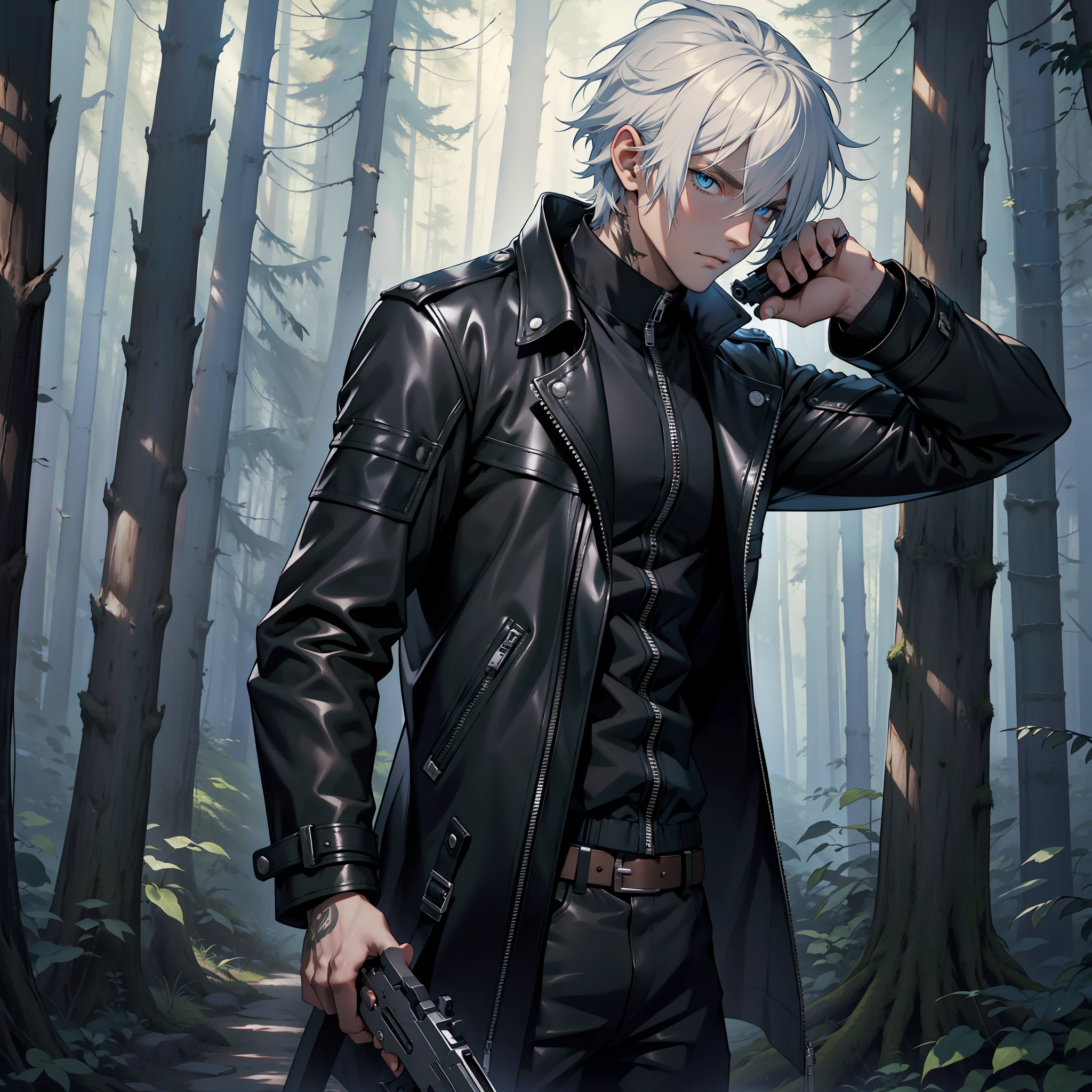 White emo hair, masterpiece, best quality, hd, Leon, blue eyes, leather coat, holding a gun, in a forest, detailed hands