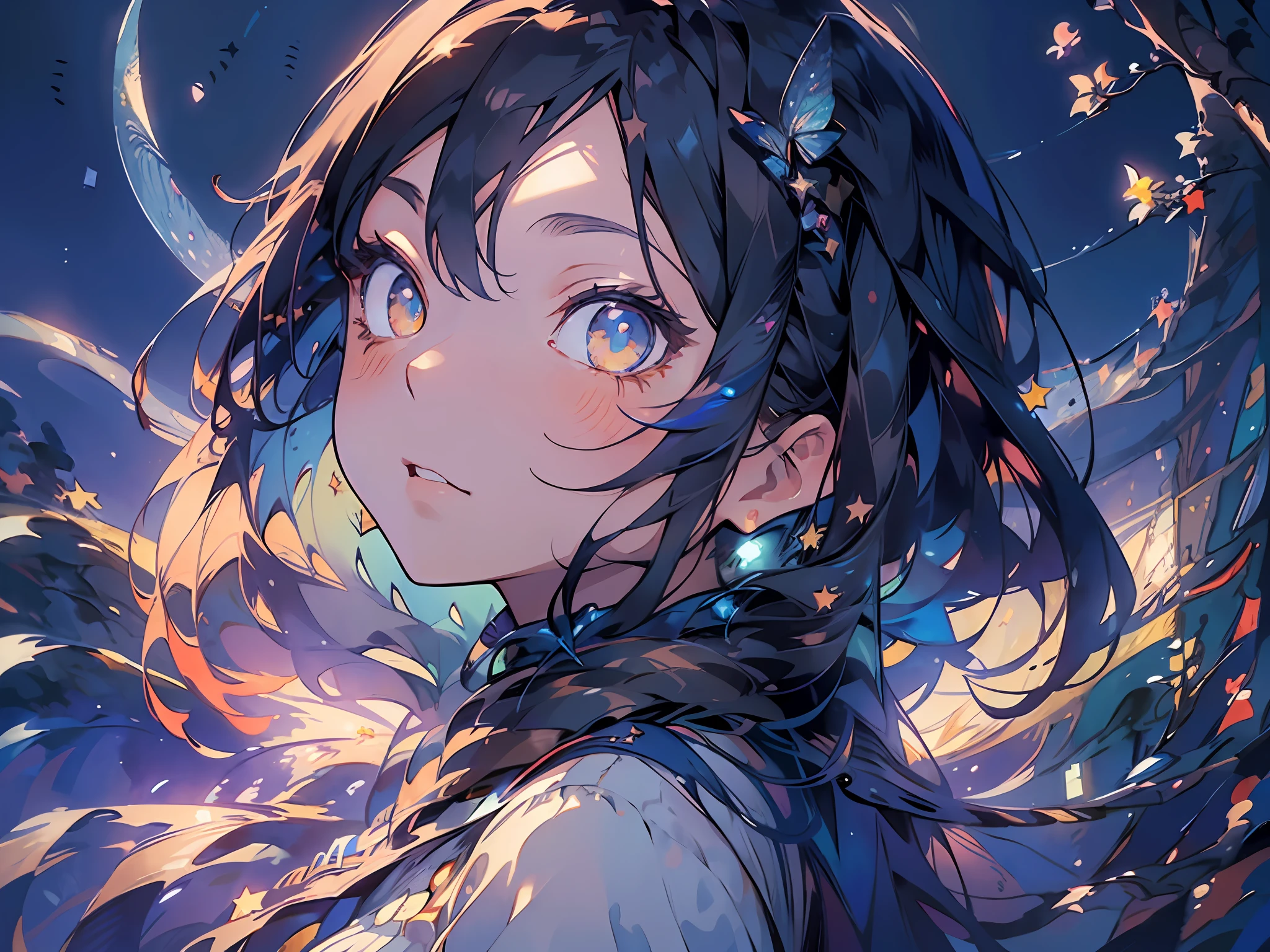 ((best quality)), ((masterpiece)), (detailed), HDR, 8K resolution, (illustration), (beautiful detailed eyes), (good hands), (Starry Night:1.4), (1girl:1.5), (watercolor:1.3), flowing dress, (long hair:1.2), (moon:1.5), (twinkling stars:1.6), (crescent moon:1.3), (night sky:1.4), (romantic:1.3), (impressionistic:1.2), (mysterious figure:1.5), (silhouette:1.3), (dreamy atmosphere:1.4), (mountain range:1.3), (surreal:1.2), (fantasy:1.3), (whimsical:1.2), [butterfly:waves:0.7], [cloud:moon:0.8]