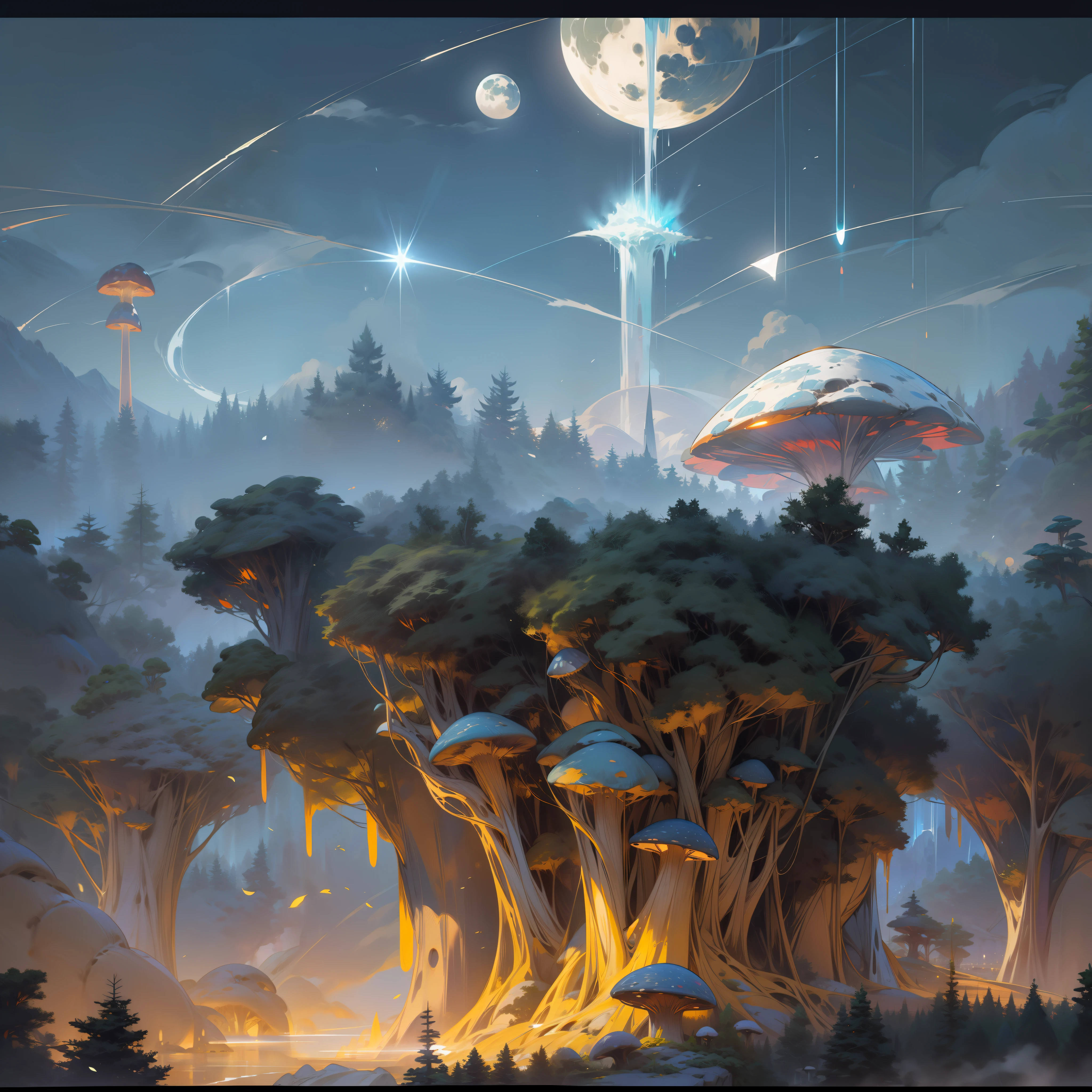(Masterpiece, High Quality: 1.4), Forest, Tall Mushroom, Futurity, Sci-Fi, Glowing Plants, Animals in the Air, Distant Mountains, Rivers, Blue Sky, Light Effects, Two Moons, Cinema 4D, Microsoft Style, Translucent Effects, 8k, 64K, HD, Unbeatable Masterpieces, Dynamic Lighting, Movies, Epics, Digital Art of the Highest Quality