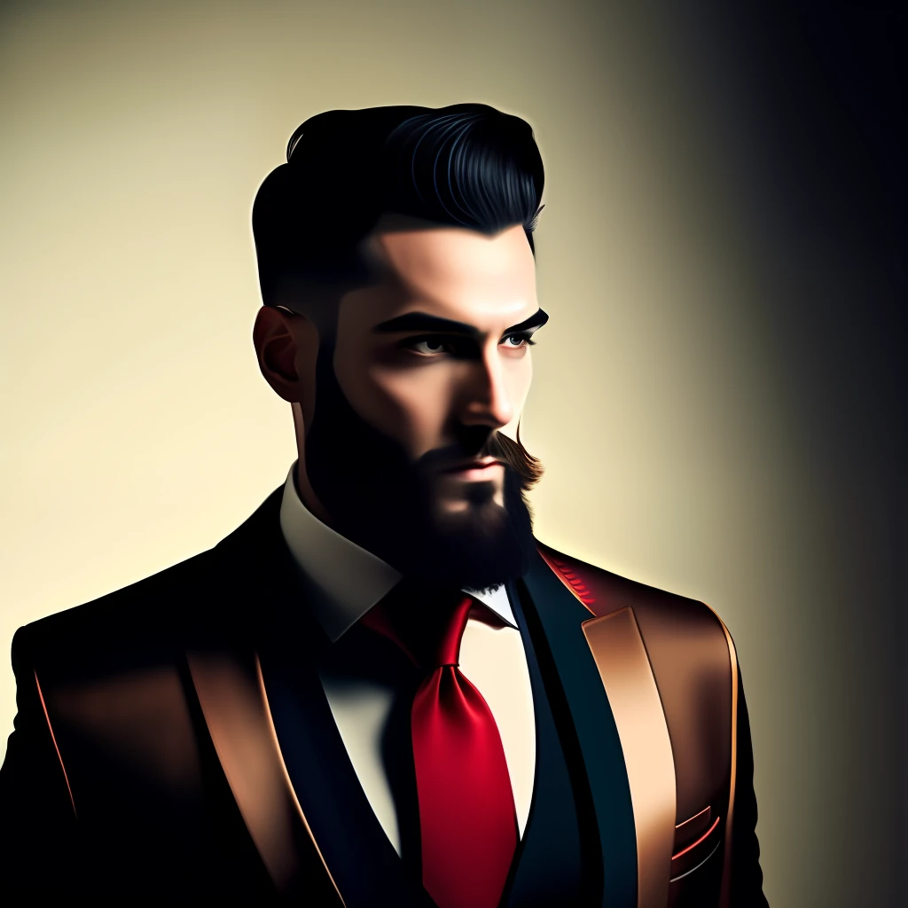 a man with a cut black hair in a tight knit lace, in the style of filmic, aurorapunk, elegant clothing, photography, light bronze and black, meticulous lines, Bearded man wearing a suit and red tie Bearded man wearing a suit and red tie, Vampire, 3x4