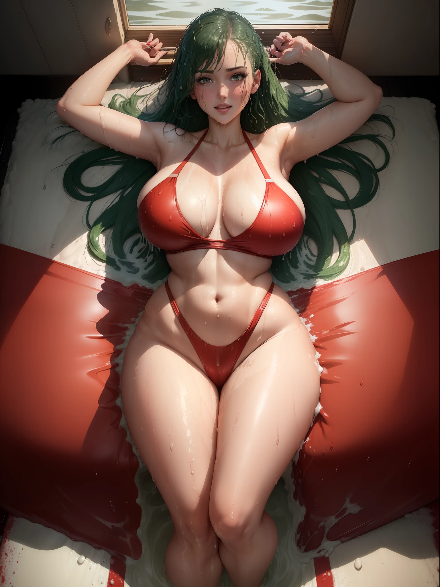 (Full body image:1.4), (A Laura,Female:1.5), (Big breasts:1.5). Wearing (red swimsuit with white extremely small:1.3), looking at viewer, smiling. She is in a city at night raining heavily and thundering. She has (short green hair:1.0), (light blue eyes::1.0), is doing an exhibitionist pose, her attire is (extremely tight on her body:1.4), (making sexy and exhibitionist poses:1.4), (body /hair/extremely wet and wet:1.4), anime, 16k, award winning, high quality, high details, masterpiece, UHD