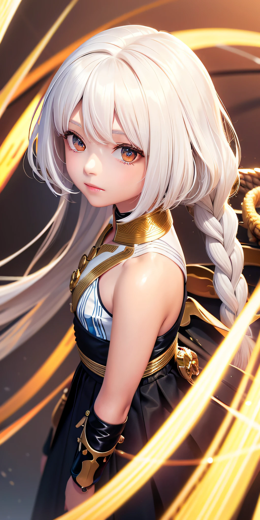 1girl, solo, nine-tailed fox, superlative, masterpiece, white hair, golden eyes, white clothes, looking up, upper body, hair, fair skin, side braids