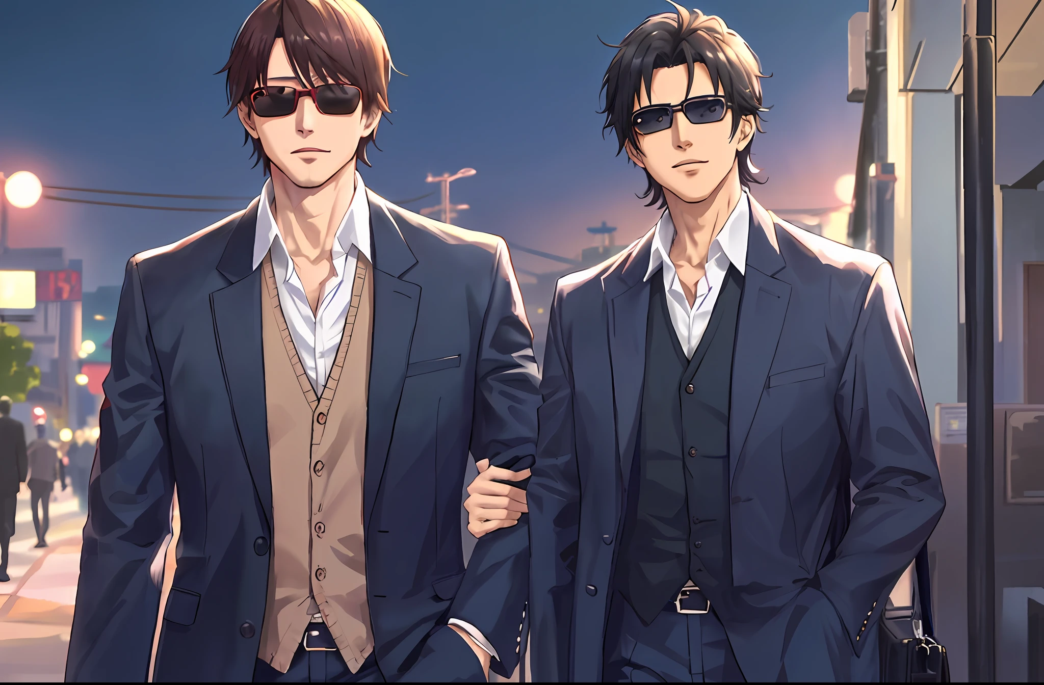 Anime images of two middle-aged men in suits and sunglasses walking down the street, two anime handsome middle-aged men, Benmeier and Sakimikan, Petros and Leonid, two handsome middle-aged men, the style of the Red Line anime movie, Makoto Shinkai (Cain Kuga), Akihiko Inoue and Ross Tran, dressed appropriately