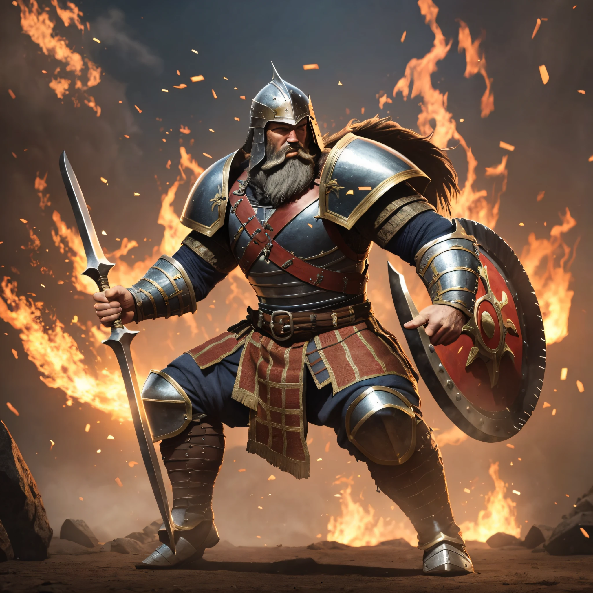 medieval warrior, front view, full-body view, bearded and strong, in the fighting arena, cinematic lighting, volumetric lighting, ultra high definition, 8k, detailed --auto --s2