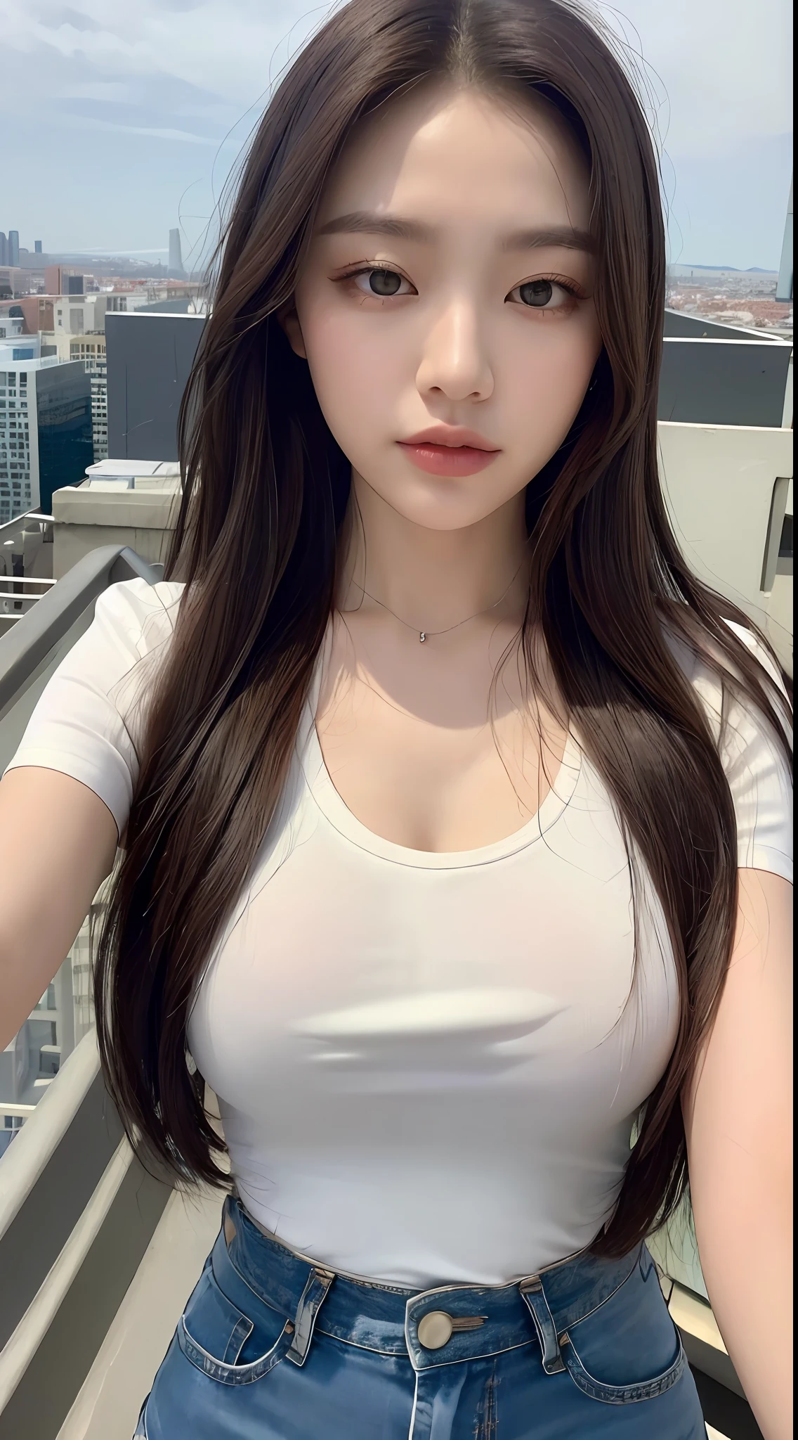 ((Midnight, Best quality, 8k, Masterpiece :1.3)), Whole body, Long legs, Sharp focus :1.2, A pretty woman with perfect figure :1.4, Slender abs :1.1, ((Dark brown hair, Big breasts :1.2)), (White tight tshirt, Jean bib, Standing:1.2), ((Night city view, Rooftop:1.3)), Highly detailed face and skin texture, Detailed eyes, Double eyelid, no clothes