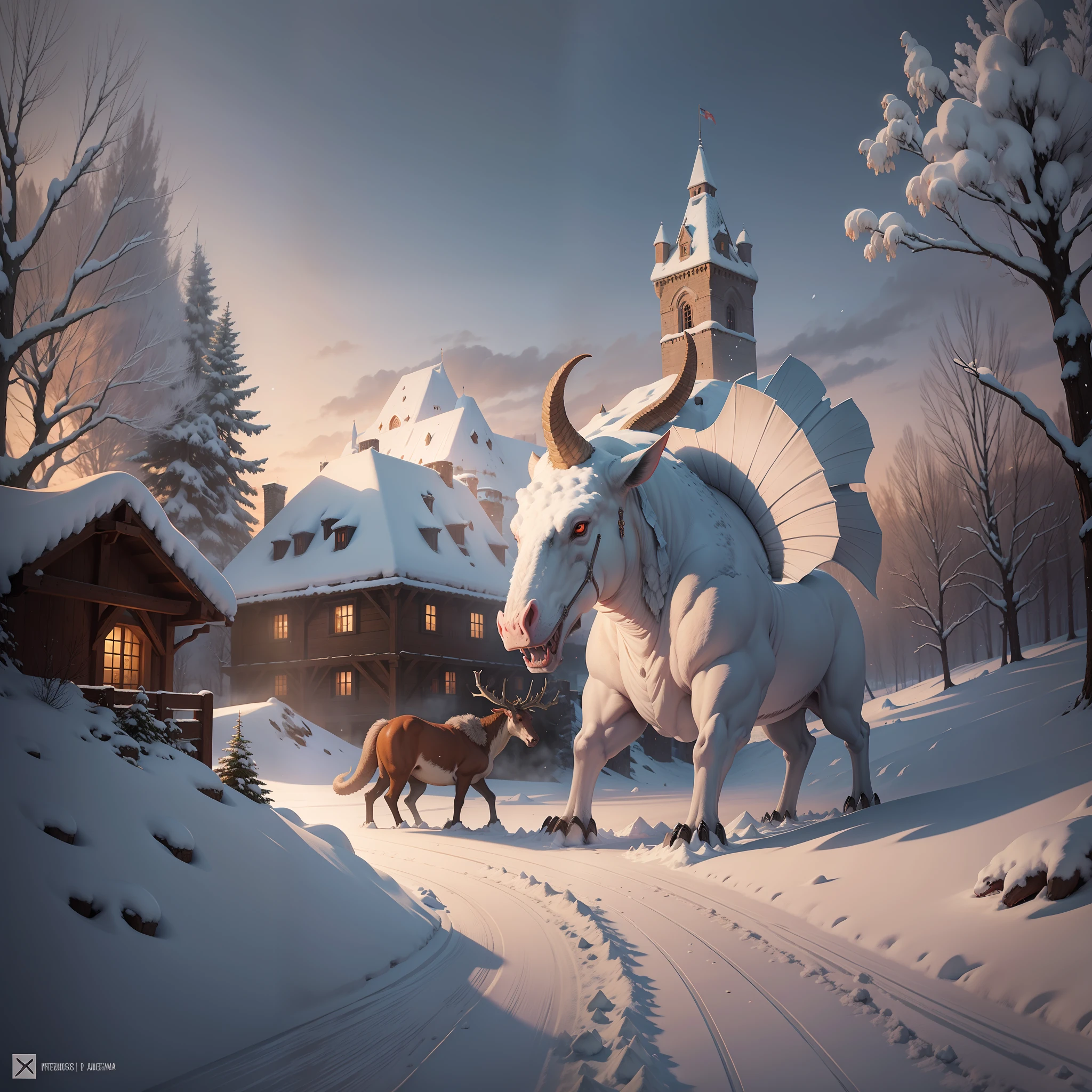 Medieval castle, snow, with dusk, with various prehistoric animals