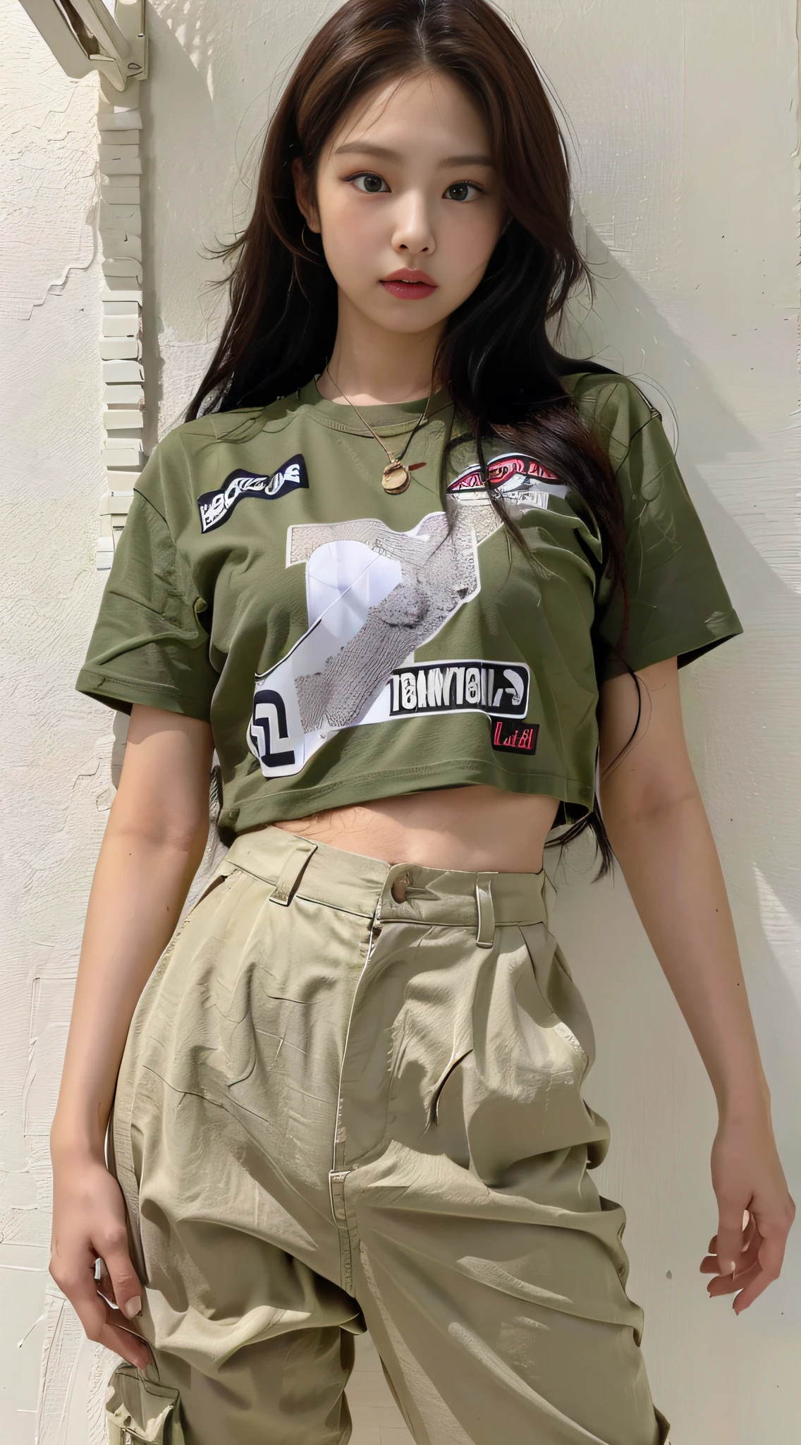 (1girl:1.3), solo, __body-parts__, Kim Ji-ni Jennie face, babes style, top cropped open-waist print T-shirt, khaki pants, 16k resolution image,