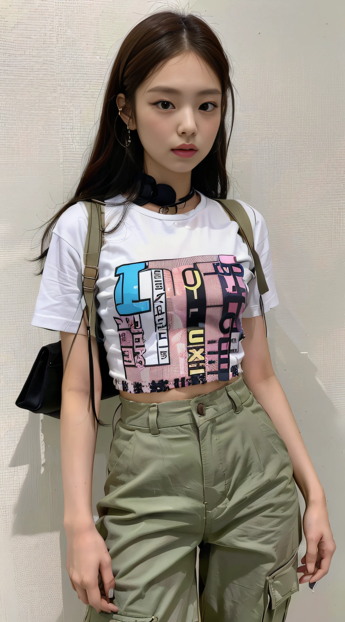 (1girl:1.3), solo, __body-parts__, Kim Ji-ni Jennie face, babes style, top cropped open-waist print T-shirt, khaki pants, 16k resolution image,