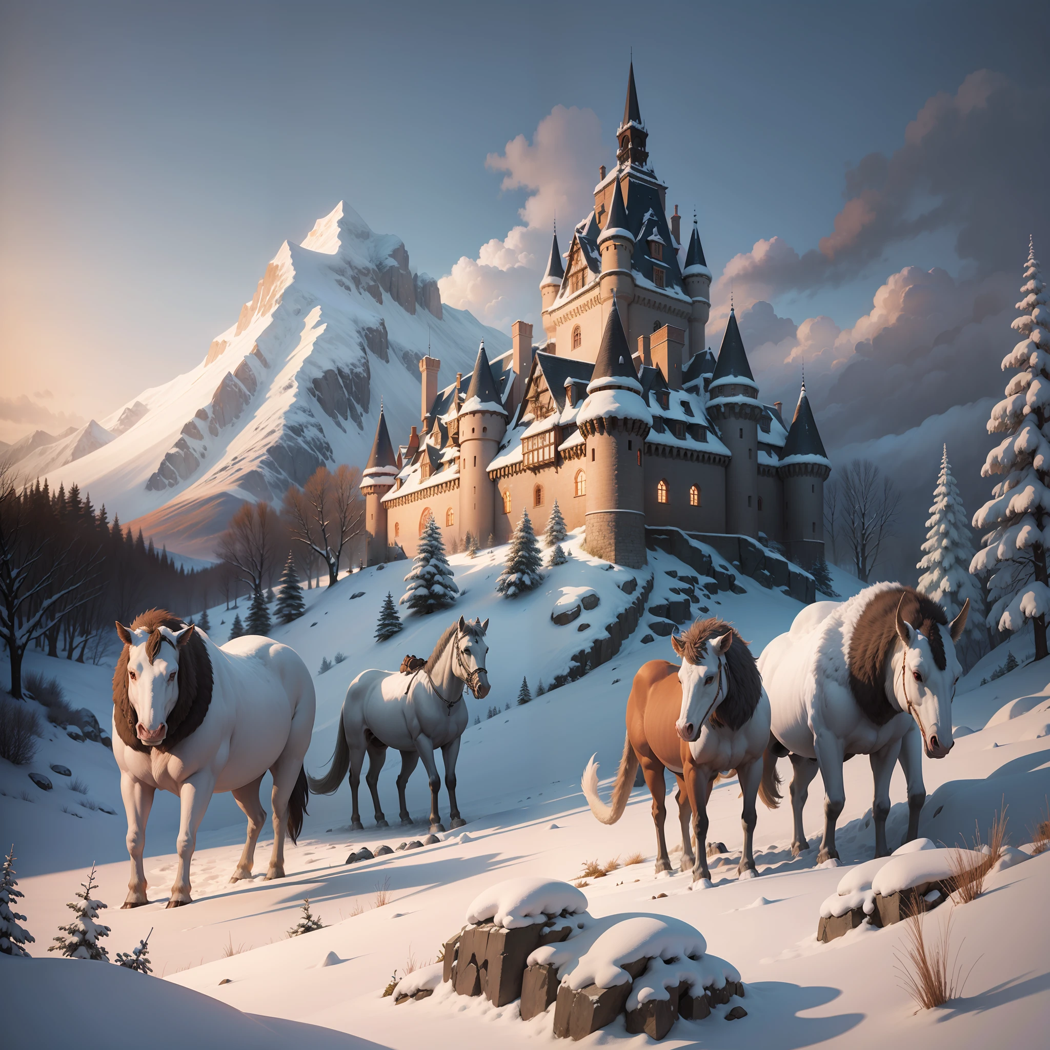 Medieval castle, snow, with dusk, with various prehistoric animals