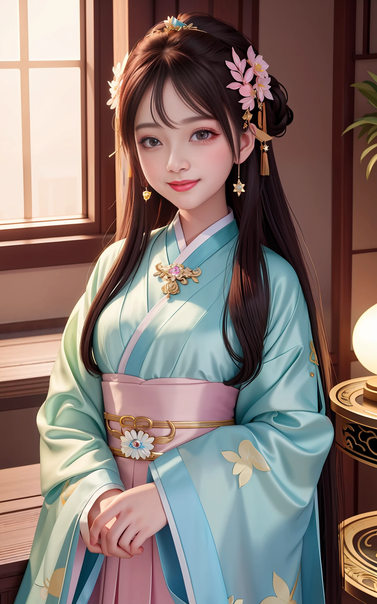 Superb Quality, Masterpiece, High Resolution, 1Girl, Blush, (Seductive Smile: 0.8), Star Eyes, Chinese Hanfu, Hair Accessories, Necklace, Jewelry, Beauty, on_body, Tyndall Effect, Realism, Shadow Room, Light Edge, Two-tone Lighting, (High Detail Skin: 1.2), 8K UHD, SLR, Soft Light, High Quality, Volume Lighting, Candid Photo, High Resolution, 4K, 8K, Background Blur, Light Tulle,