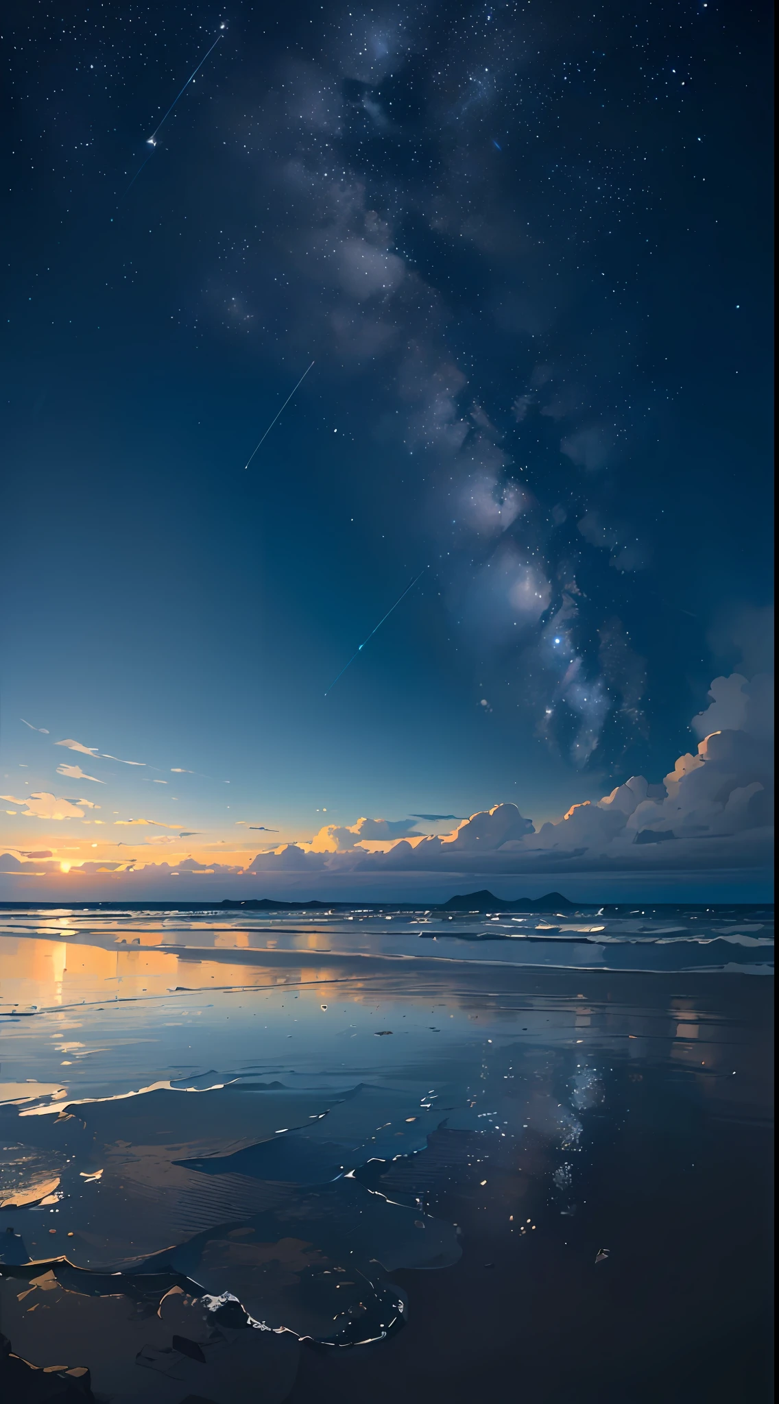 (masterpiece, best quality:1.4), cinematic light, colorful, high contrast, neon, sky, sunlight, space, stars at night, beach, wave, no people, expansive landscape photography, (a view from below that shows the sky above and the sea below --auto --s2