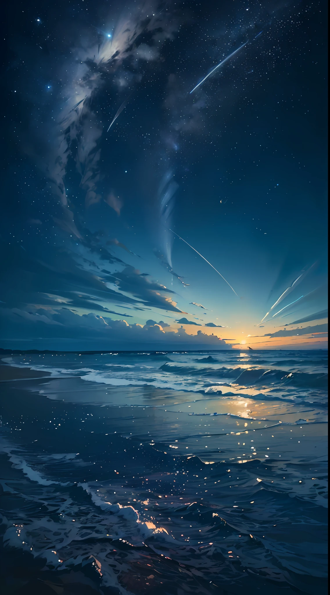 (masterpiece, best quality:1.4), cinematic light, colorful, high contrast, neon, sky, sunlight, space, stars at night, beach, wave, no people, expansive landscape photography, (a view from below that shows the sky above and the sea below --auto --s2