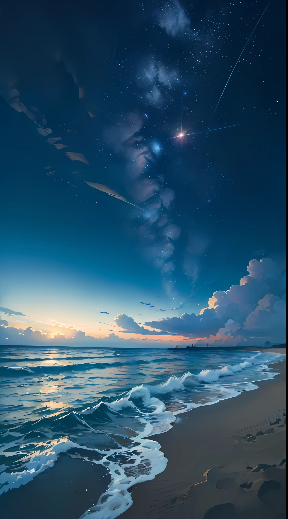 (masterpiece, best quality:1.4), cinematic light, colorful, high contrast, neon, sky, sunlight, space, stars at night, beach, wave, no people, expansive landscape photography, (a view from below that shows the sky above and the sea below --auto --s2