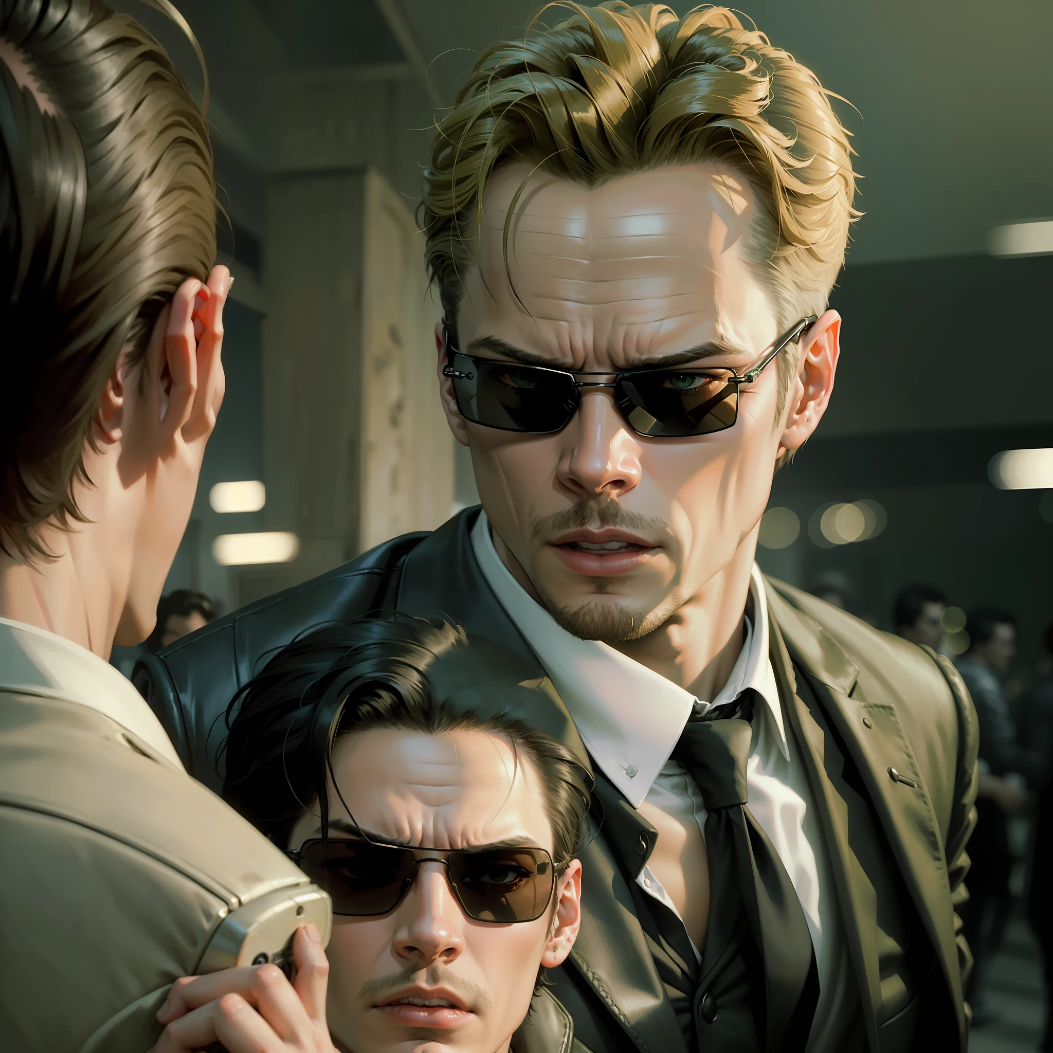 ((best quality)), ((masterpiece)), (detailed) fan art of (neo from the matix) head, ((neo from matrix face)) back of the head, keanu reaves, the matrix (1999), sunglasses, night, 80mm, ((western animation)), (neo the matrix (1999)), (short hair), (tokyo street nights), closed fists